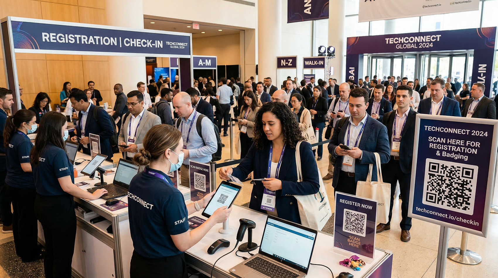 Conference registration and check-in area with QR codes on signage and badges