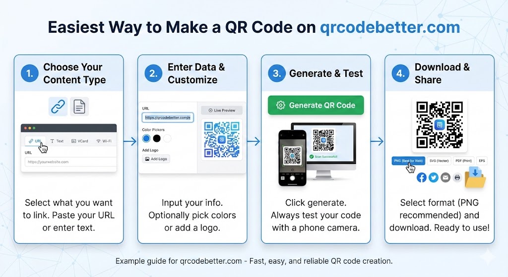 4-step process to create a QR code: choose content type, enter data and customize, generate and test, download and share