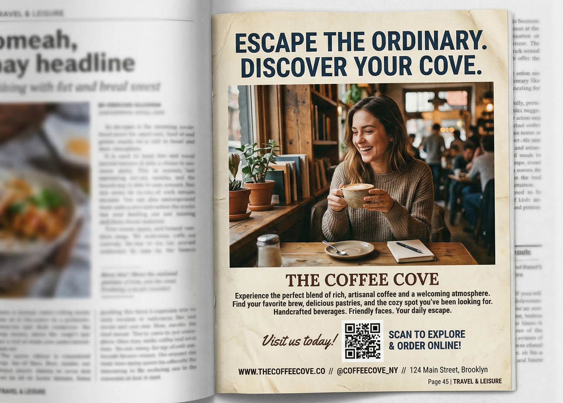 Magazine advertisement with a QR code for a coffee shop