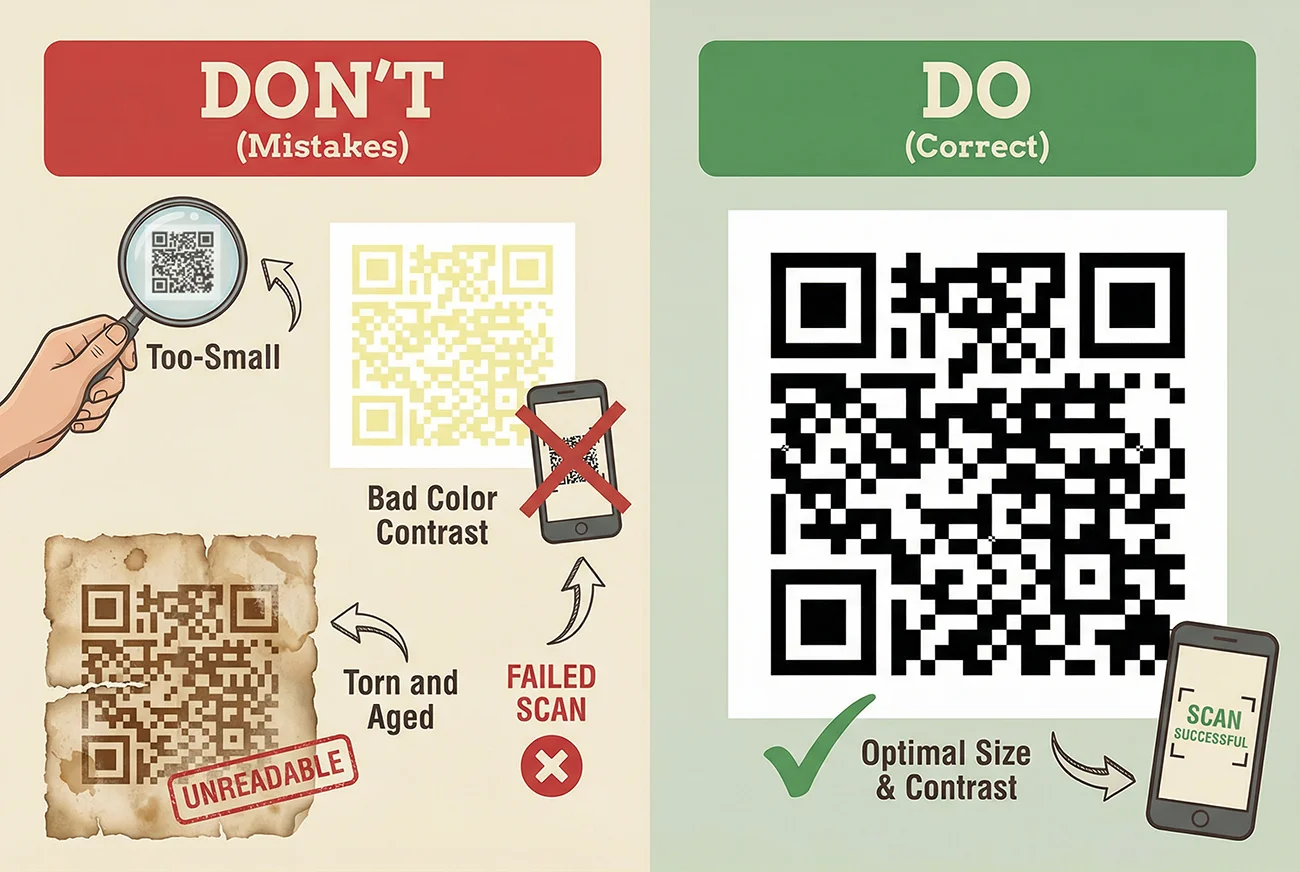 Visual comparison of common QR code mistakes like too small sizing, bad color contrast, and torn aged codes versus a correct high contrast properly sized QR code
