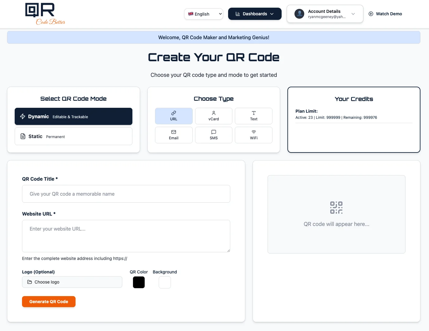 QR Code Better dashboard showing QR code creator with logo upload, color options, dynamic and static mode selection
