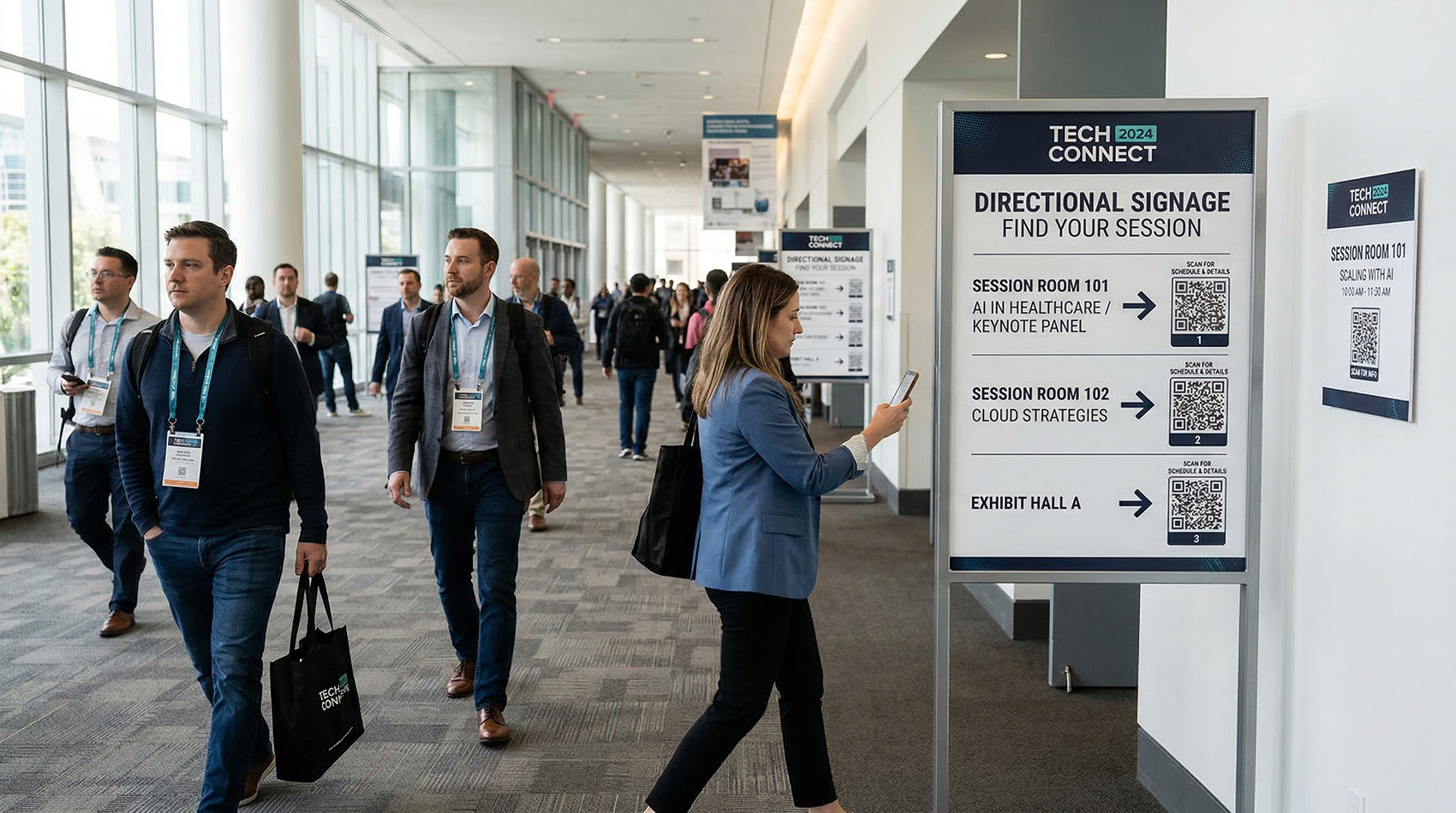 Directional signage at a conference with QR codes linking to session details and room maps