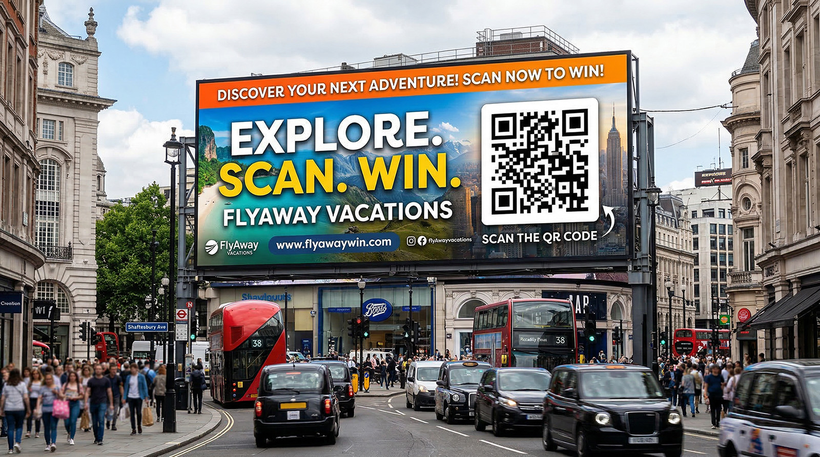 Billboard advertisement with a QR code on a busy city street