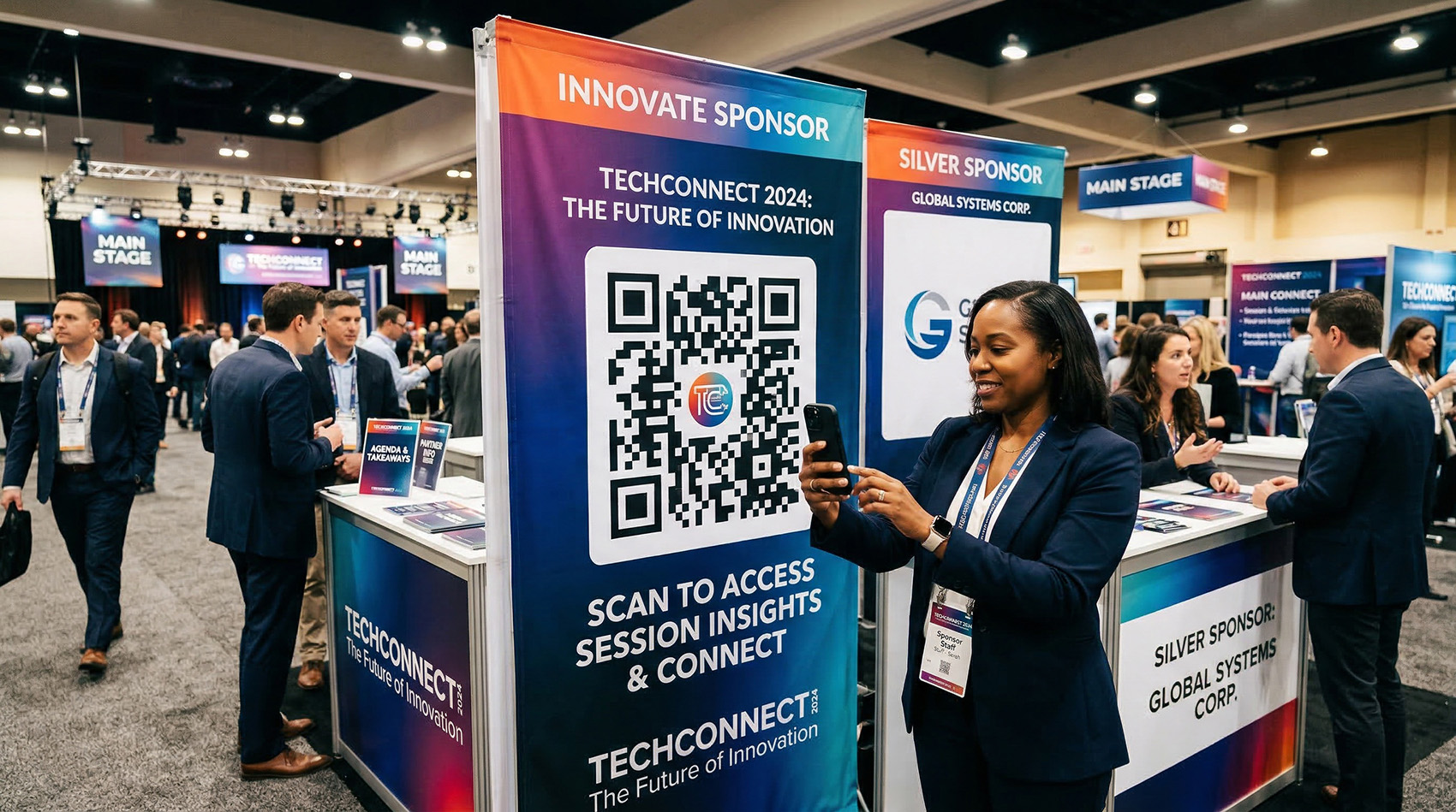 Sponsor booth at a conference with a large QR code banner being scanned by an attendee
