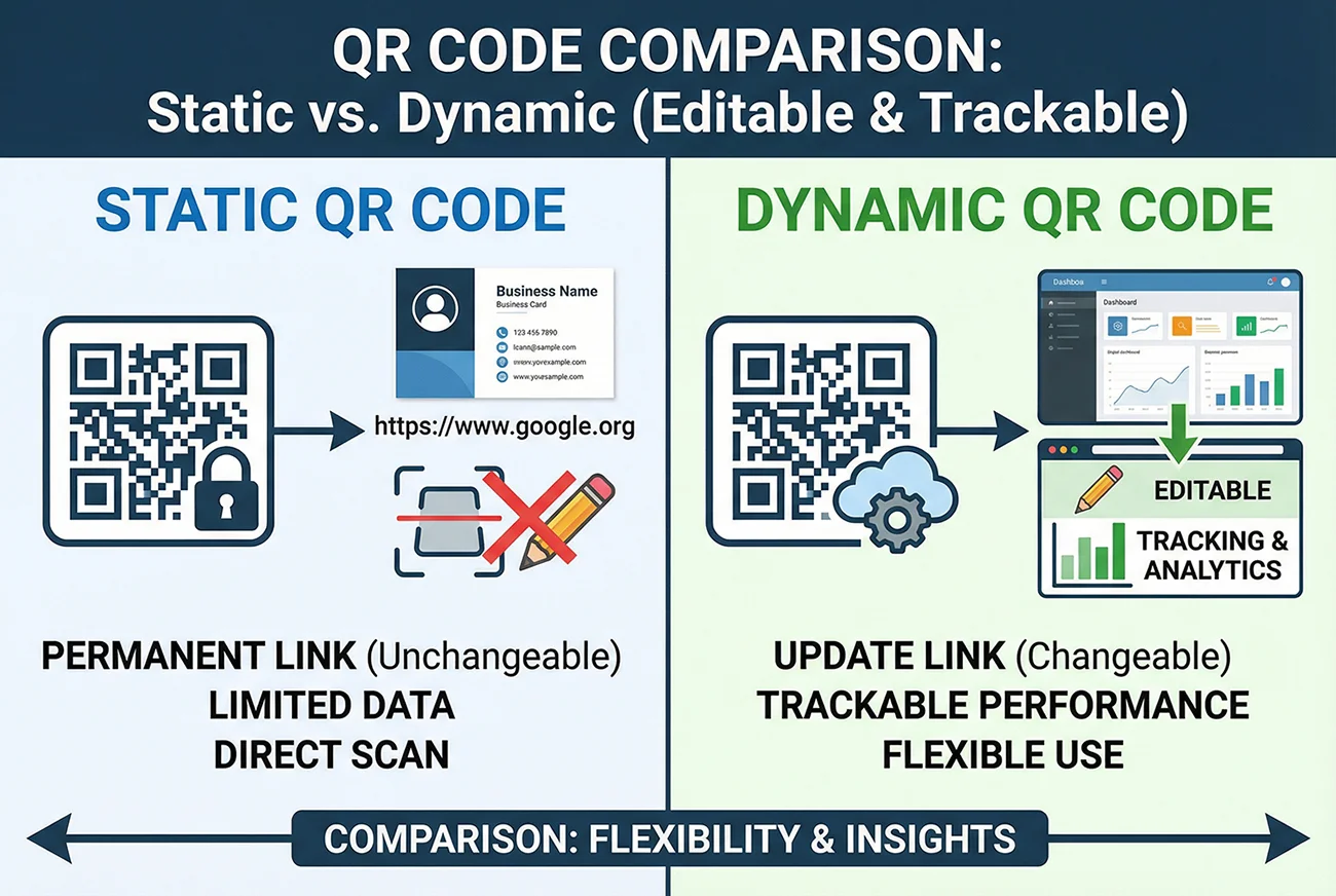 Side by side comparison of static QR codes with permanent unchangeable links versus dynamic QR codes with editable trackable links