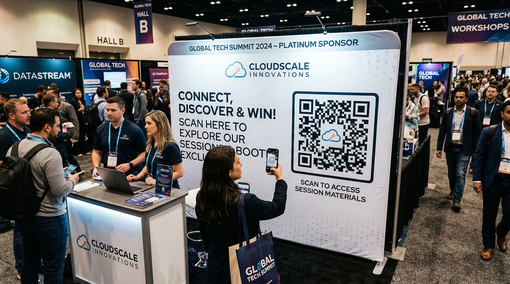 Trade show booth with QR code on banner for accessing session materials