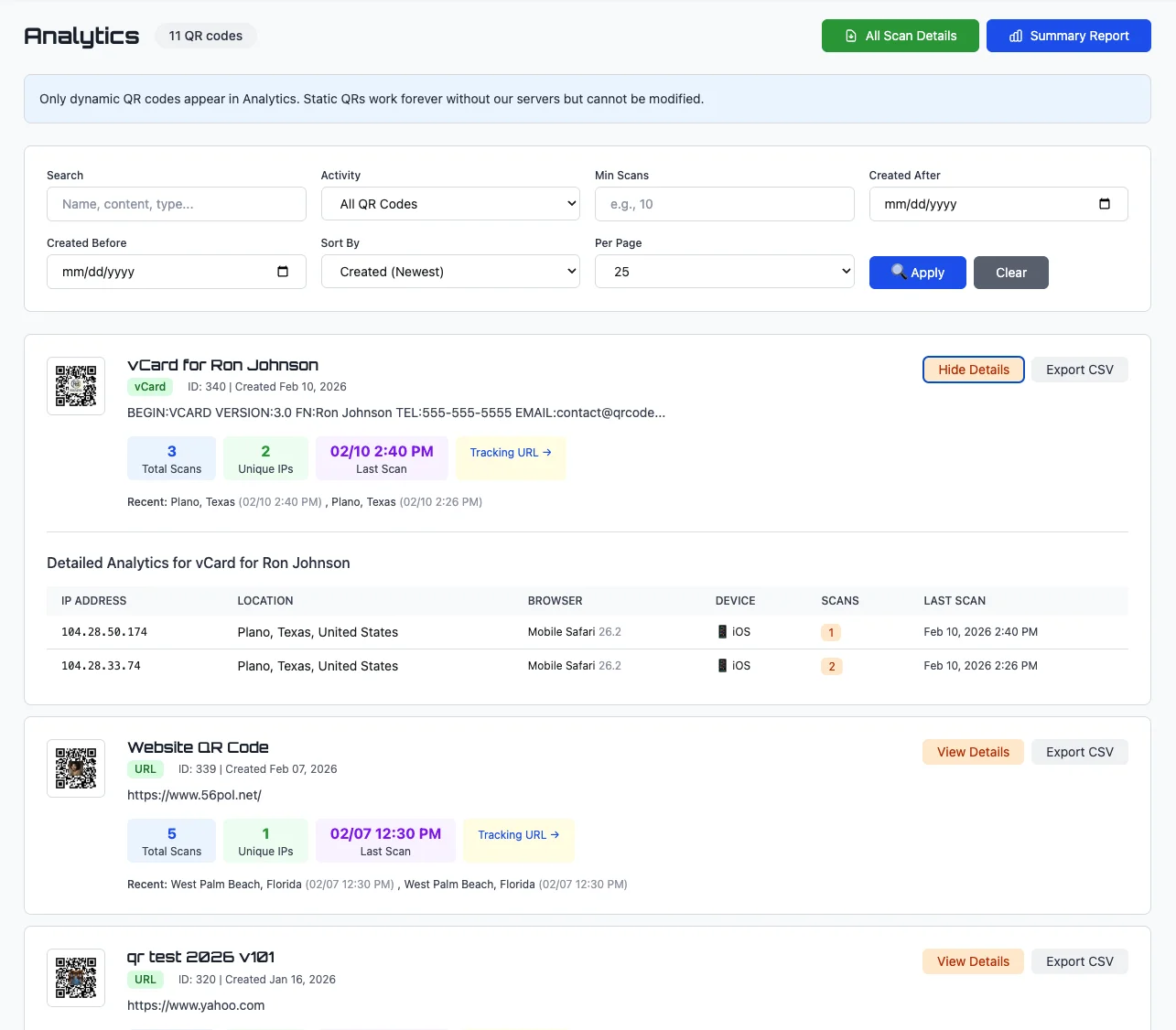 QR Code Better analytics dashboard showing scan tracking for multiple QR codes