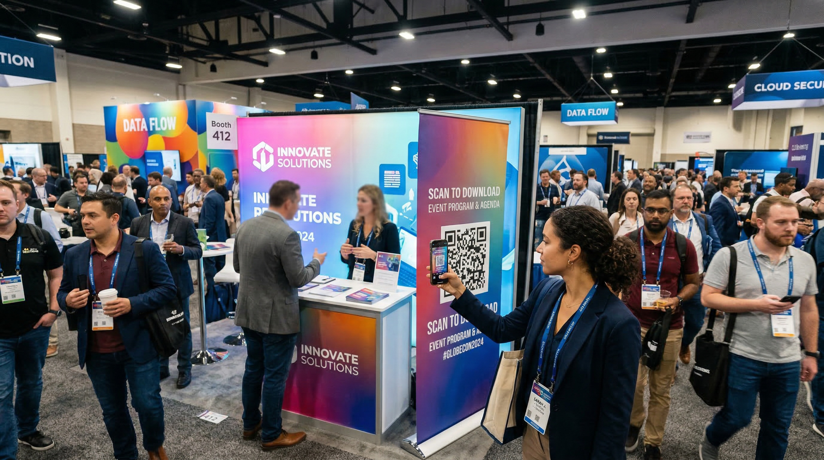 Trade show attendee scanning a large QR code on a conference booth banner to download the event program and agenda while other attendees walk through the expo hall