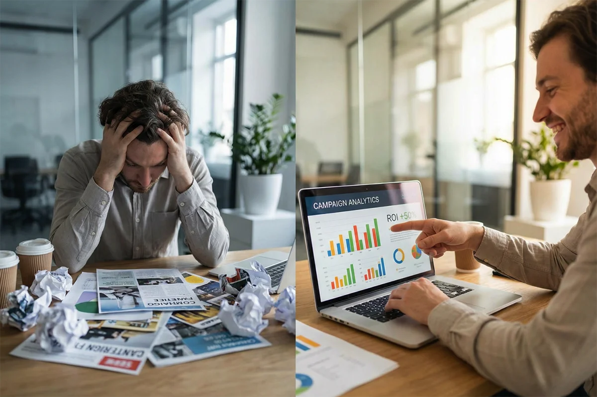 Before and after comparison: frustrated marketer with no data versus marketer viewing campaign analytics on laptop