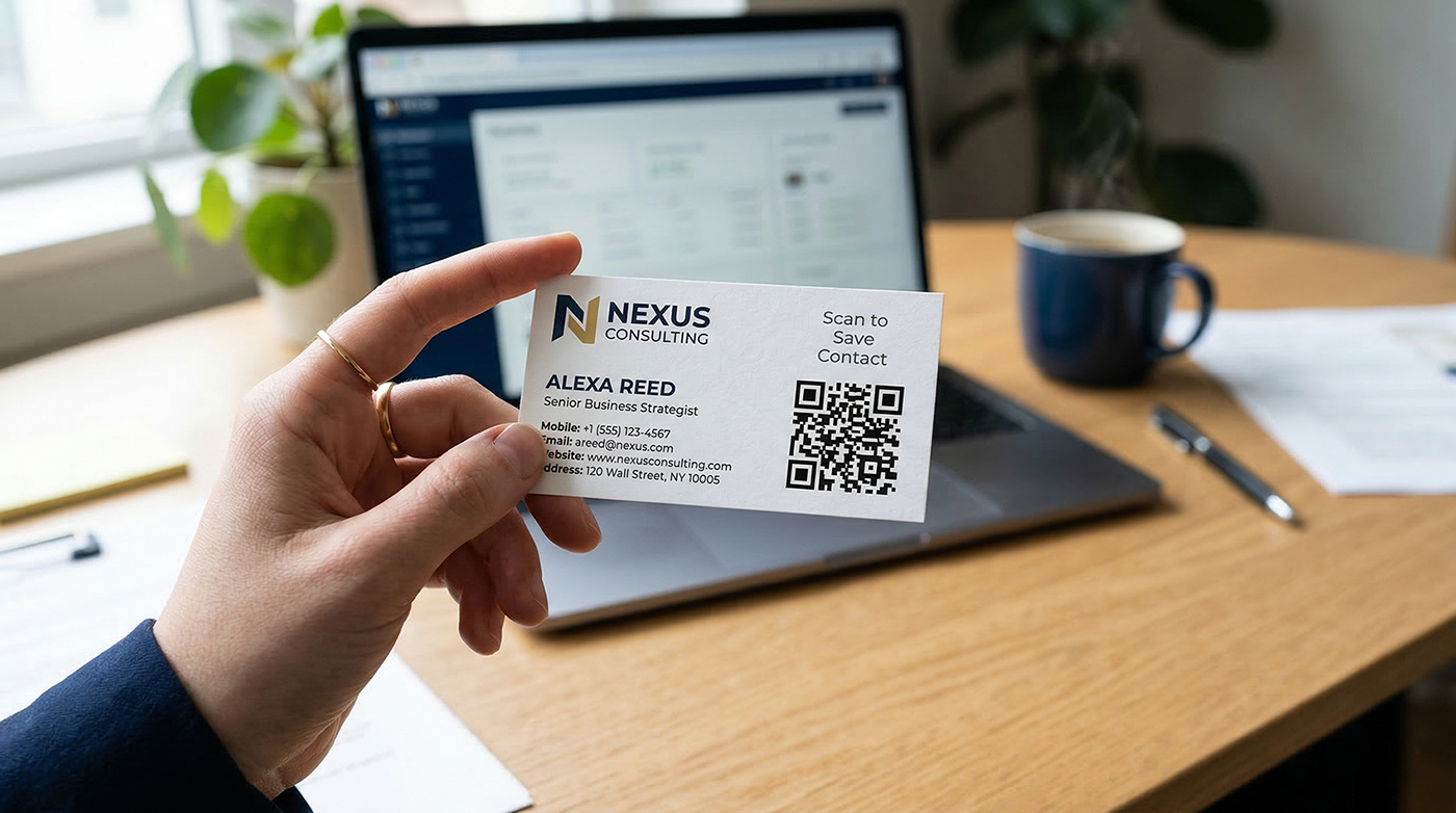 Professional business card with vCard QR code showing Scan to Save Contact call to action with company branding