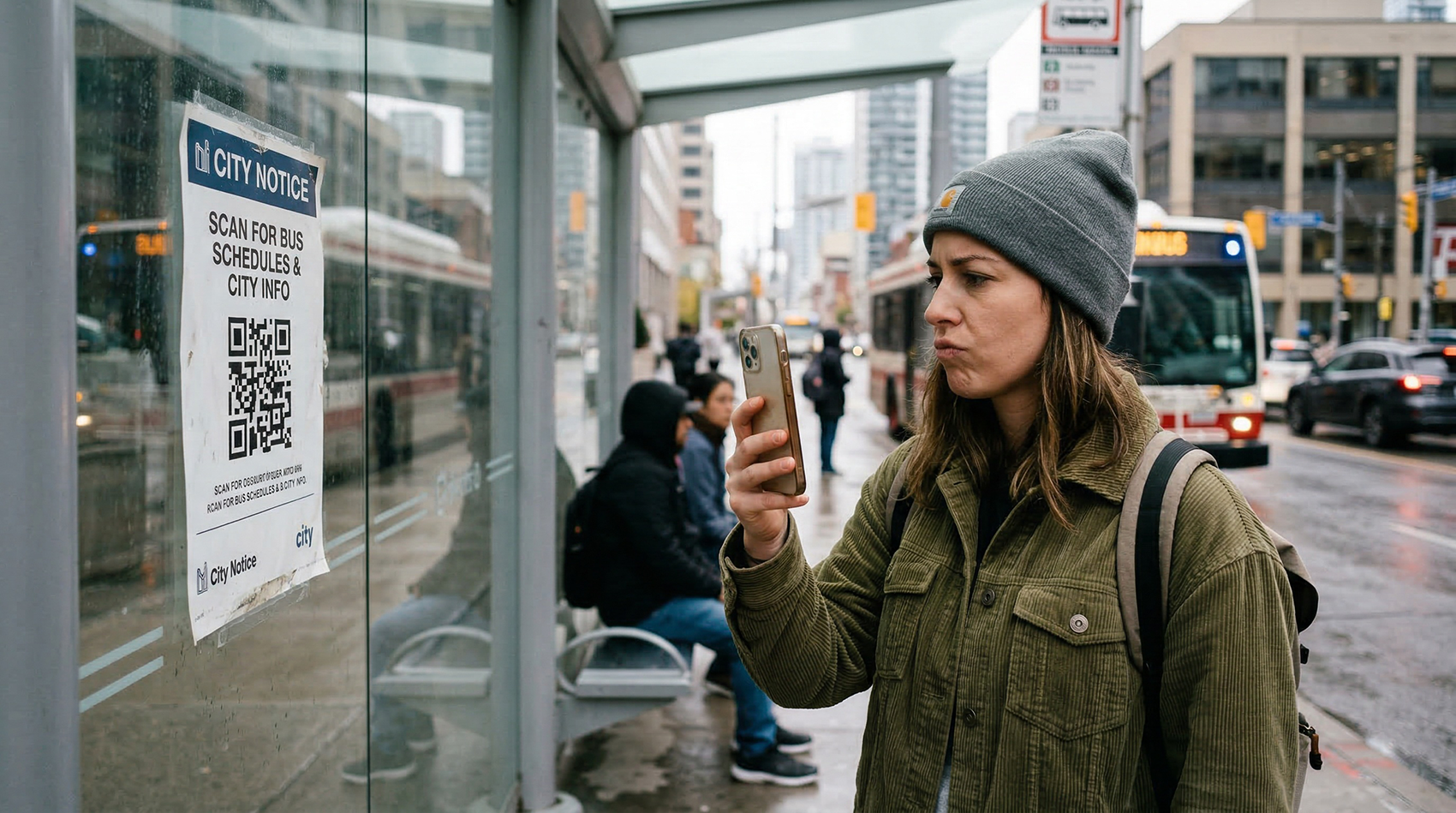 Woman cautiously examining a QR code on a city notice sign at a bus stop before scanning it with her phone