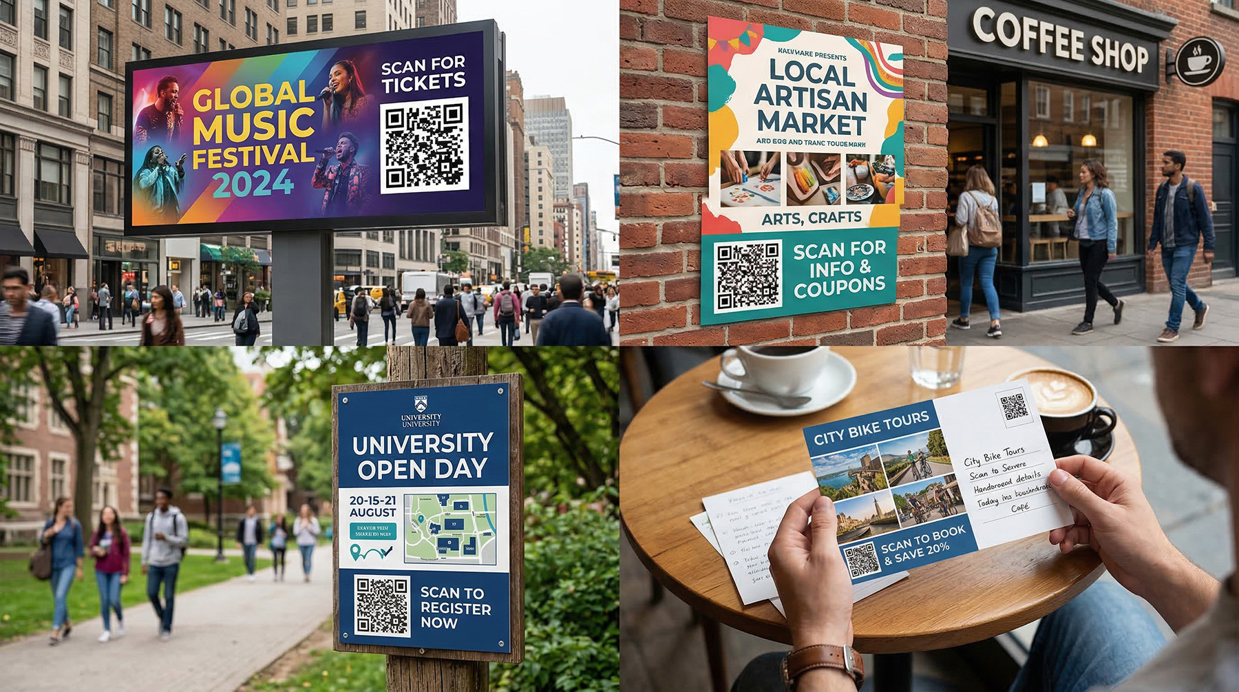 Collage of QR codes used in different advertising placements including billboards, posters, signs, and flyers