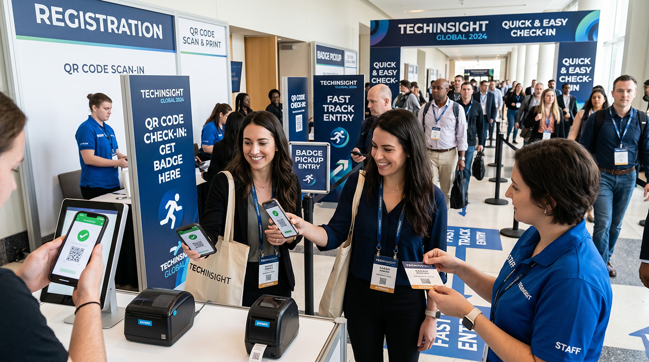 Conference attendees scanning QR codes at a fast check-in station with staff handing out badges