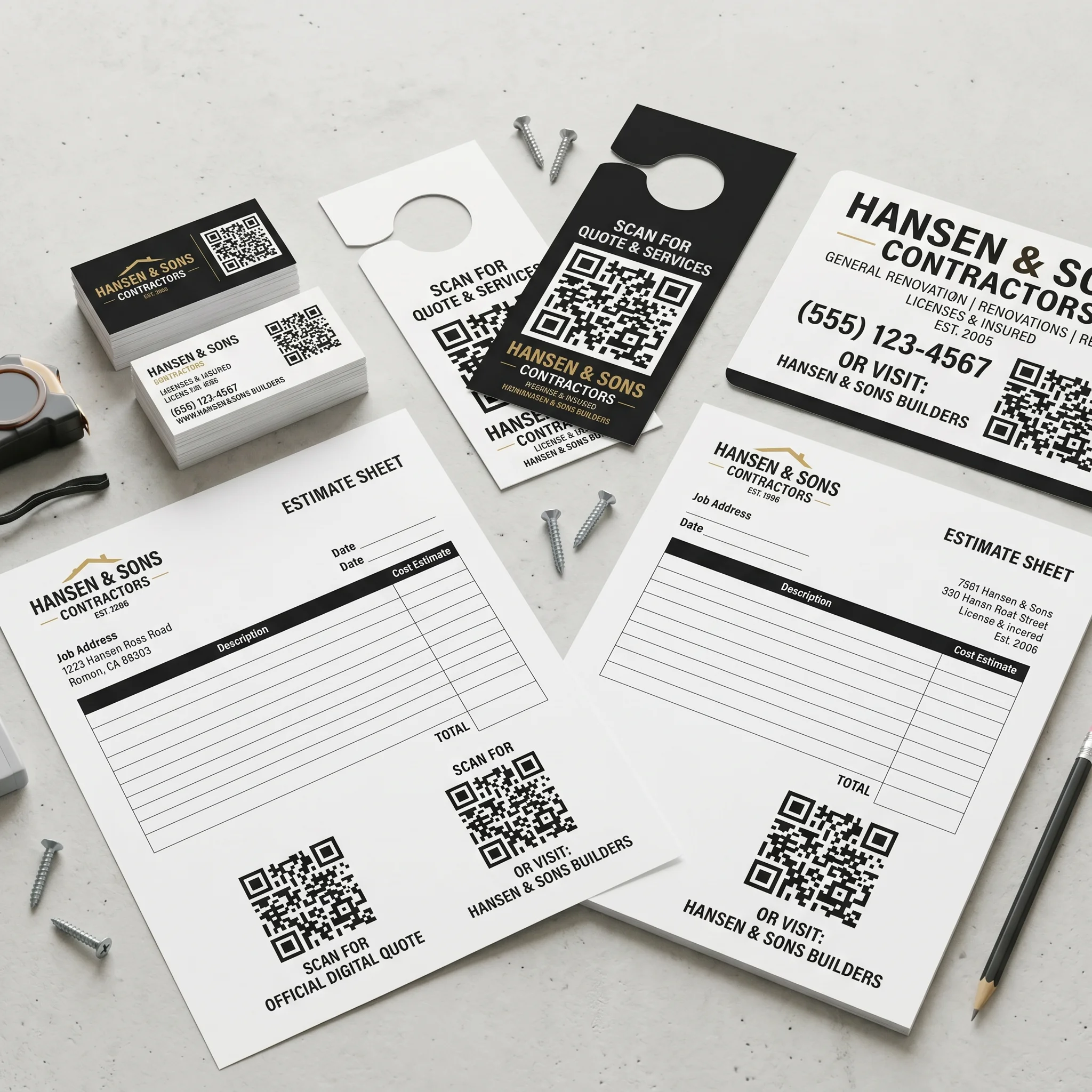 Contractor business cards, door hangers, and estimate sheets with QR codes