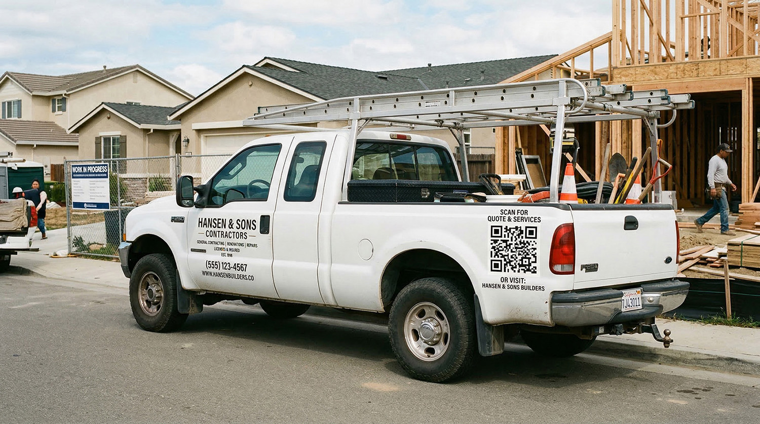 Contractor work truck with QR code decal parked at an active construction job site