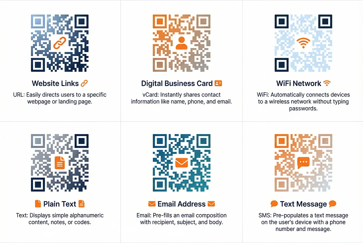 Six types of QR codes: URL for website links, vCard for digital business cards, WiFi for network access, Text for plain messages, Email for contact, SMS for text messaging