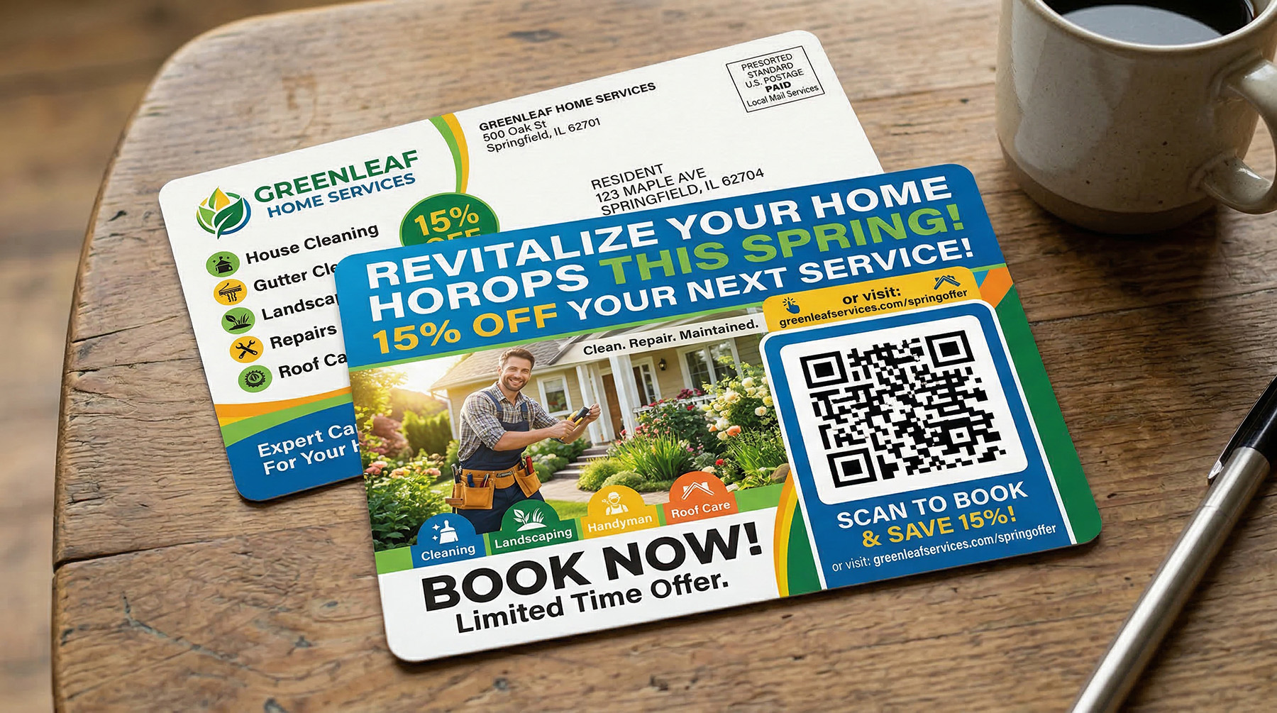 Direct mail postcard with a QR code for a home services company