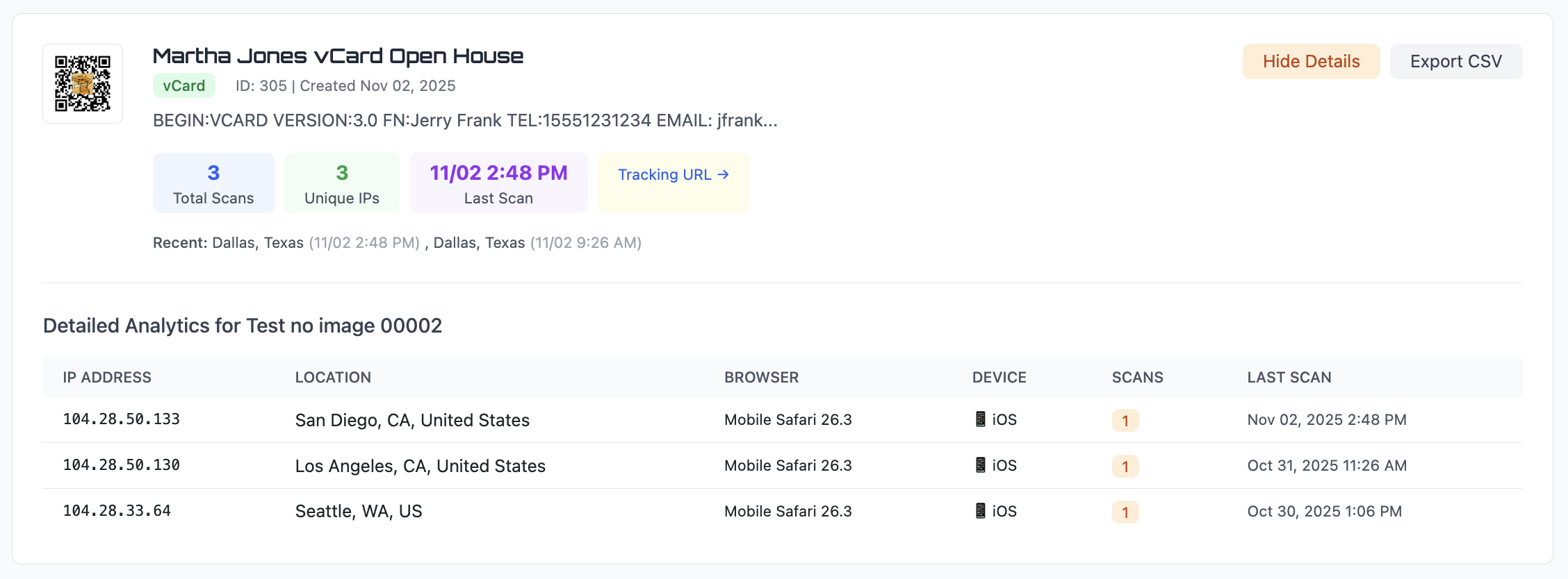 QR Code Better analytics dashboard showing total scans, unique IPs, scan locations, device types, browsers, and scan timestamps for a dynamic QR code