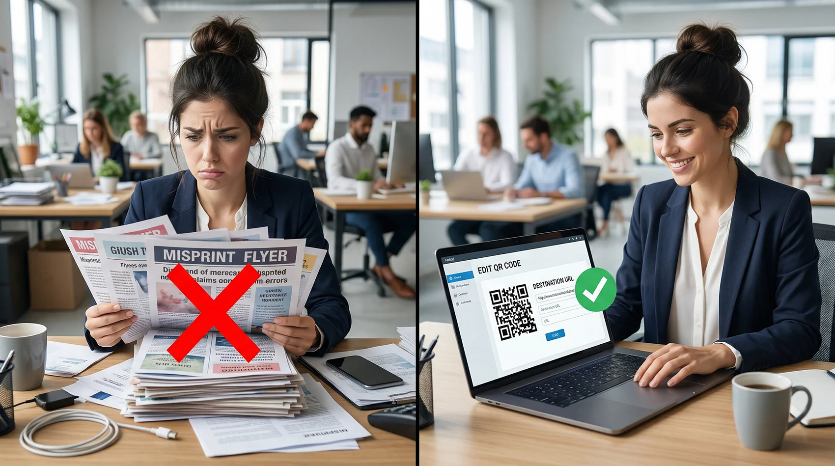 Frustrated person holding misprint flyers versus person smiling while editing QR code destination online