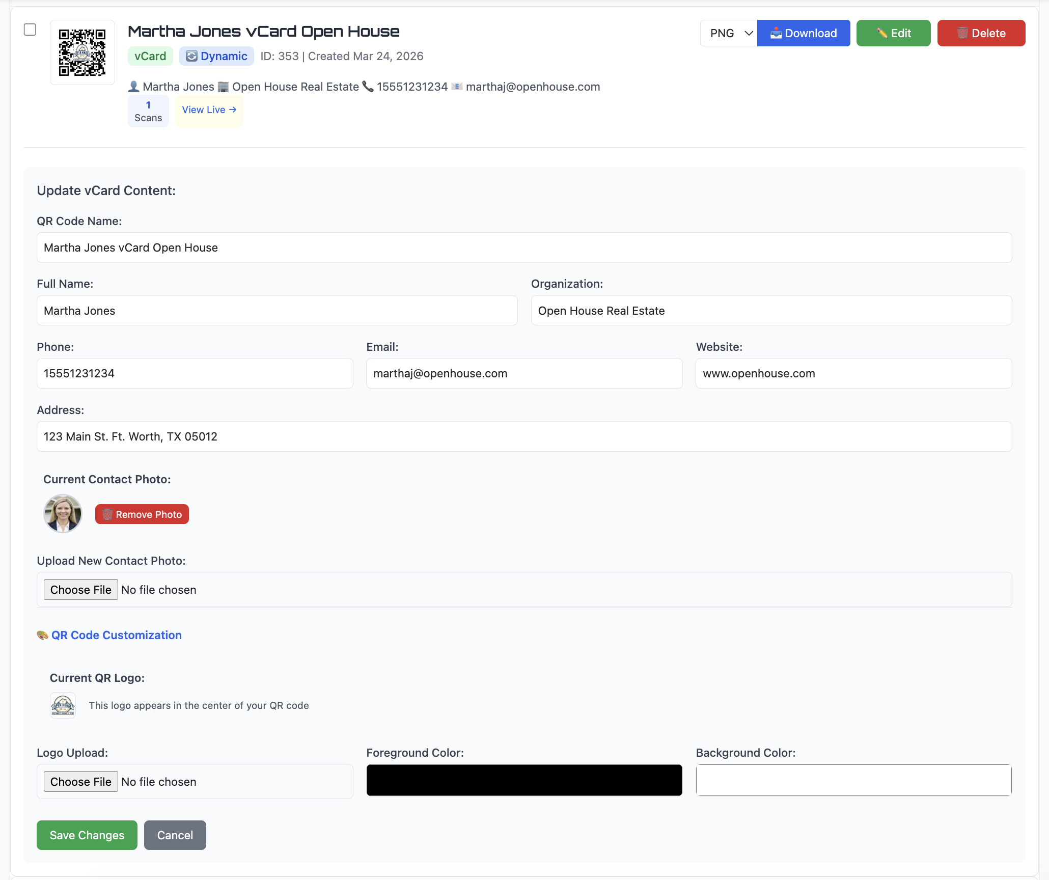 QR Code Better dashboard showing the edit interface for a dynamic vCard QR code with editable fields for name, company, phone, email, website, address, contact photo, and QR customization