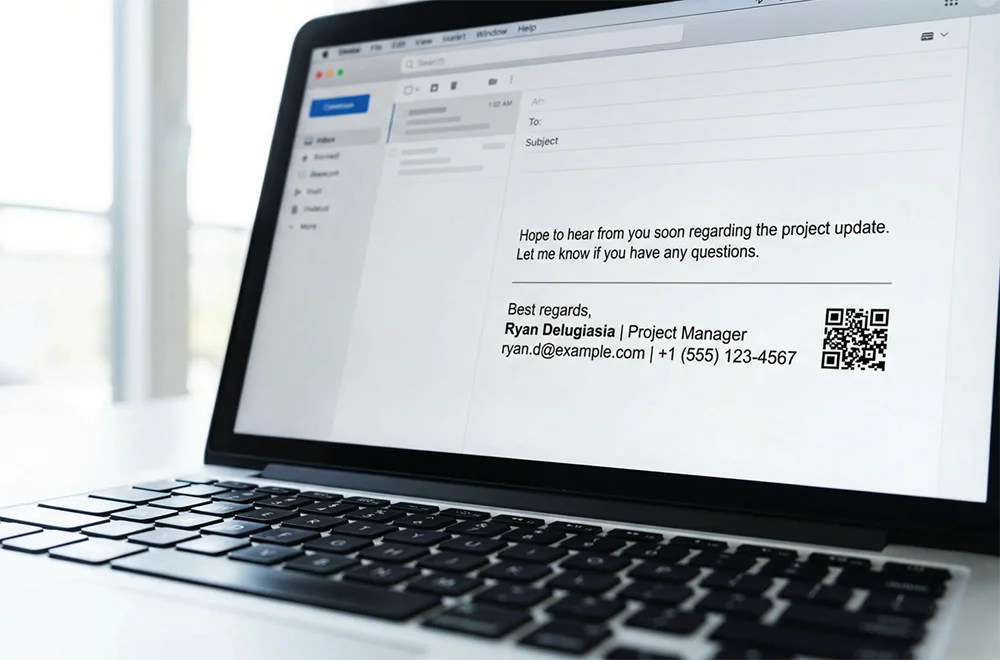 Laptop screen showing a professional email signature with a QR code next to contact details