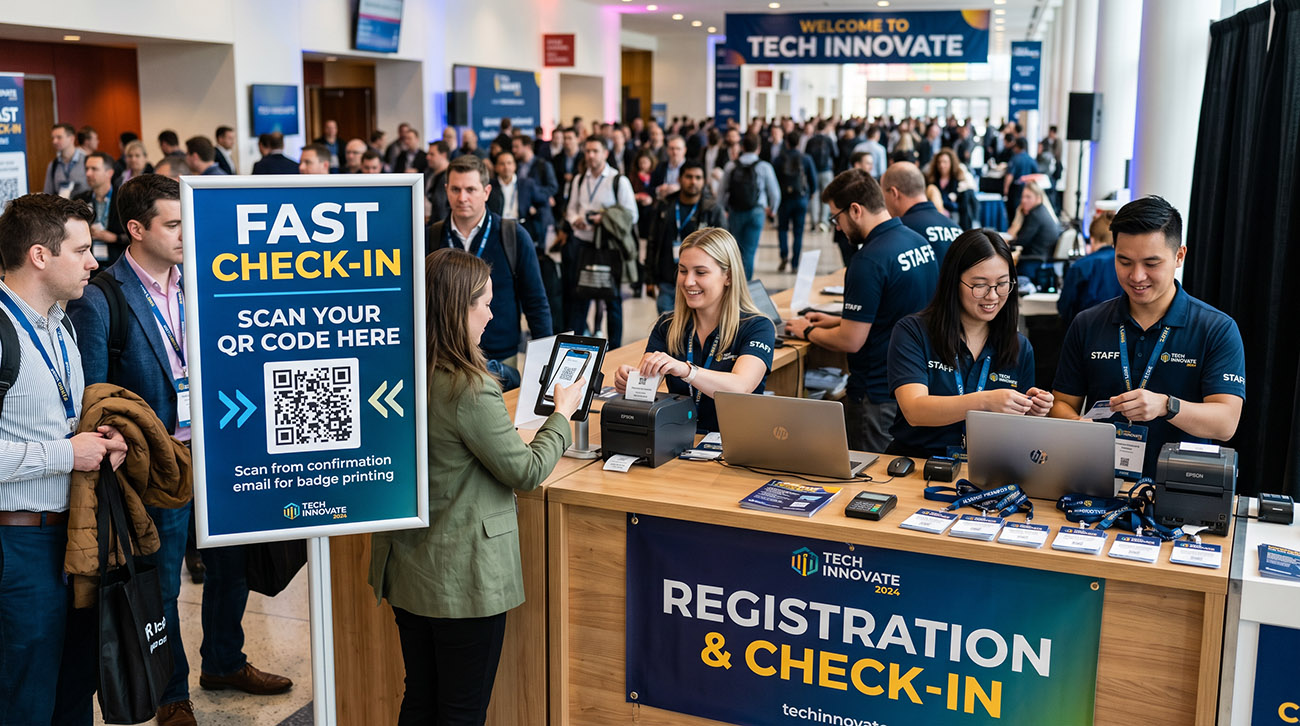Event registration and check-in desk with QR code signage and staff scanning attendee badges