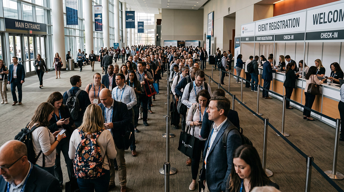 Long line of attendees waiting at a conference event registration desk