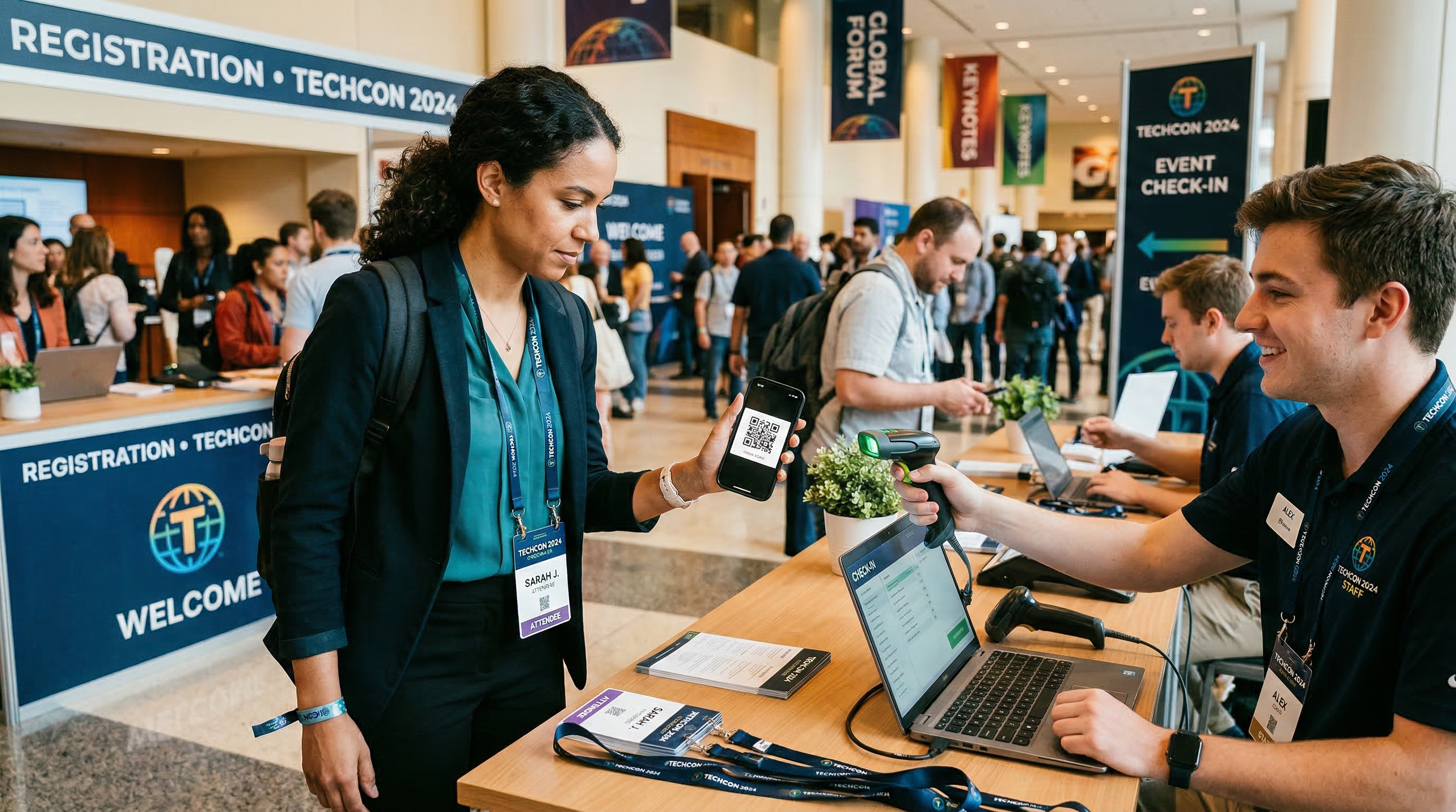 Attendee showing a QR code on her phone to a staff member at a conference registration and check-in desk with a barcode scanner