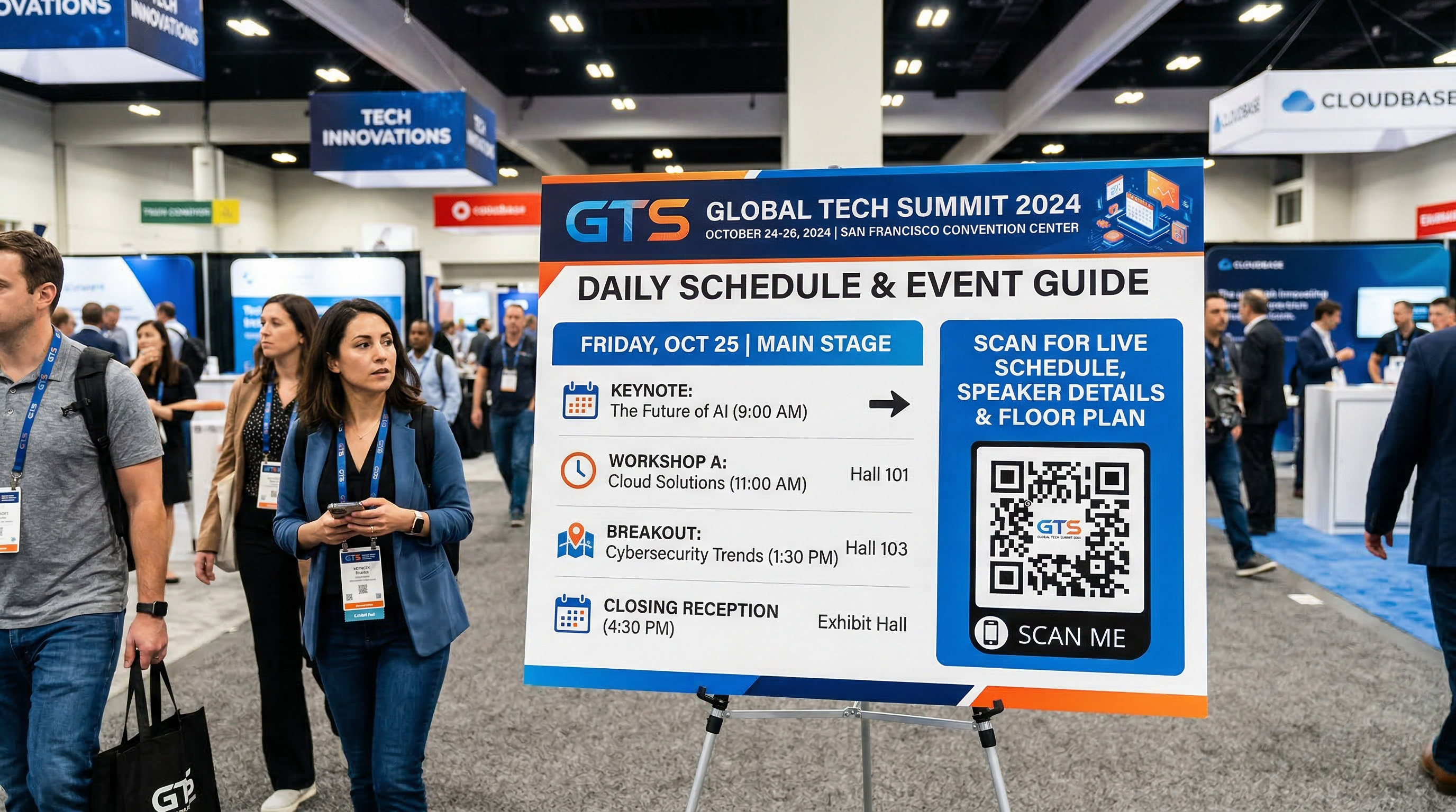 Conference daily schedule and event guide display board with a large QR code for scanning to access the live schedule, speaker details, and floor plan