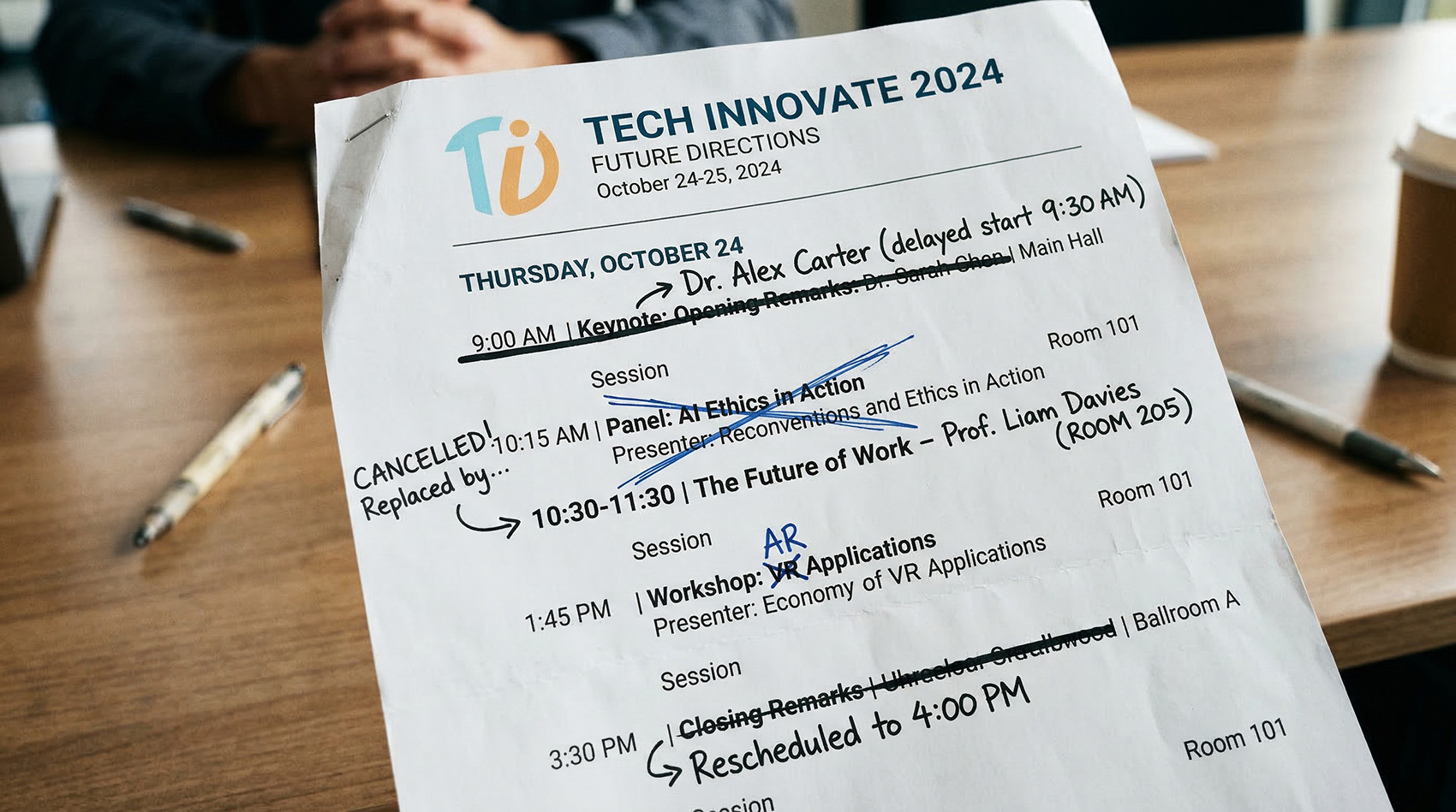 Printed event program with crossed-out sessions, handwritten changes, and rescheduled times