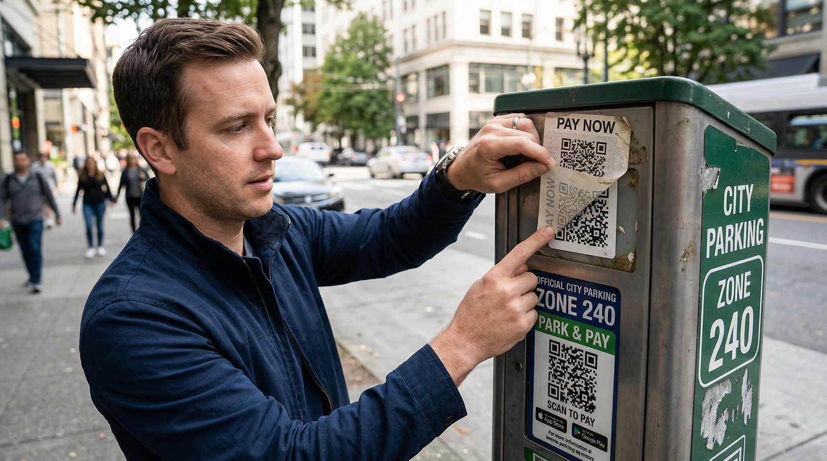 Man discovering a fraudulent QR code sticker placed over the legitimate payment QR code on a city parking meter