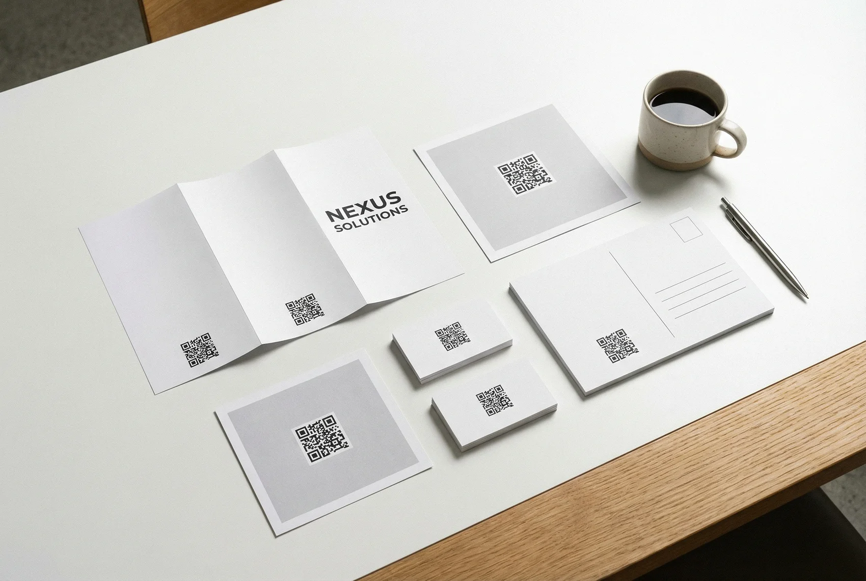Flat lay of printed marketing materials including brochures, business cards, and postcards each with QR codes