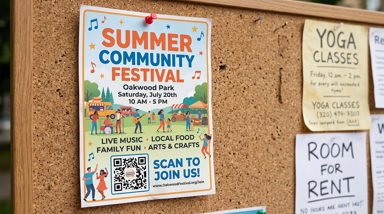 Community event flyer with QR code pinned to a bulletin board