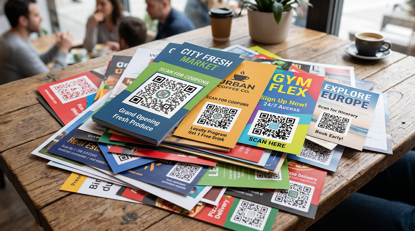 Stack of different business flyers with QR codes spread across a table