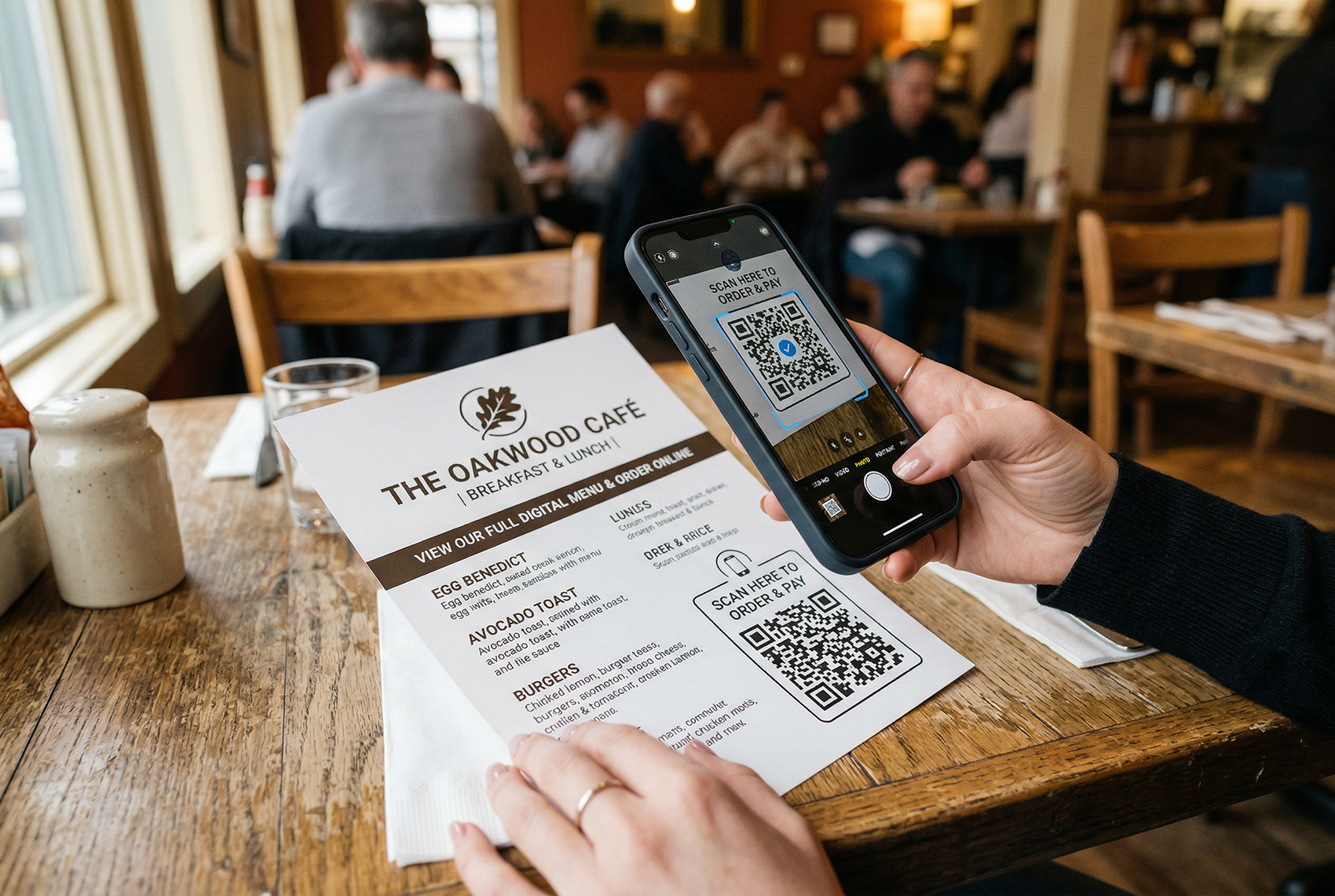 Customer scanning a QR code on a restaurant menu with their phone at a cafe