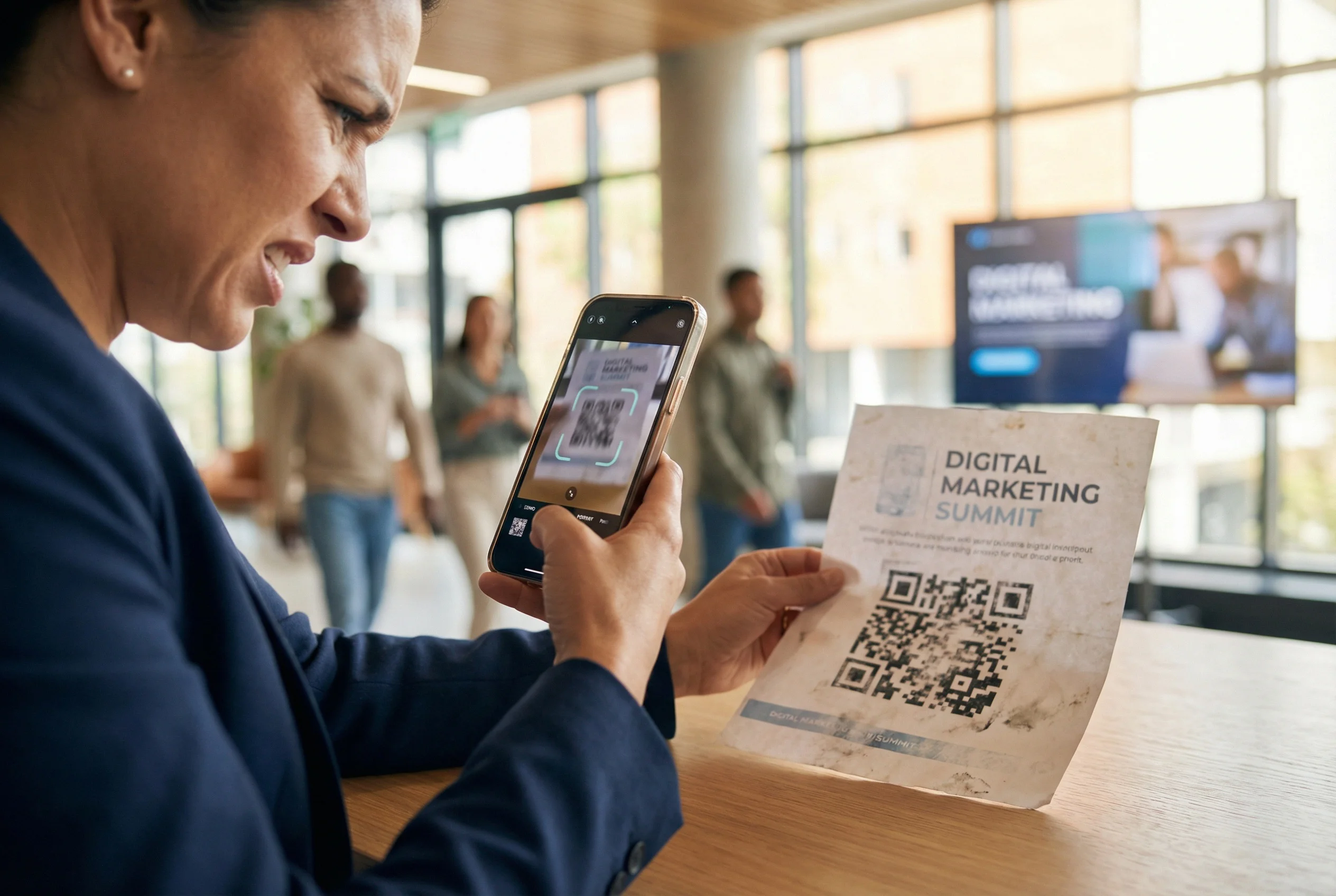 Person struggling to scan a QR code with a phone camera due to glare and low contrast