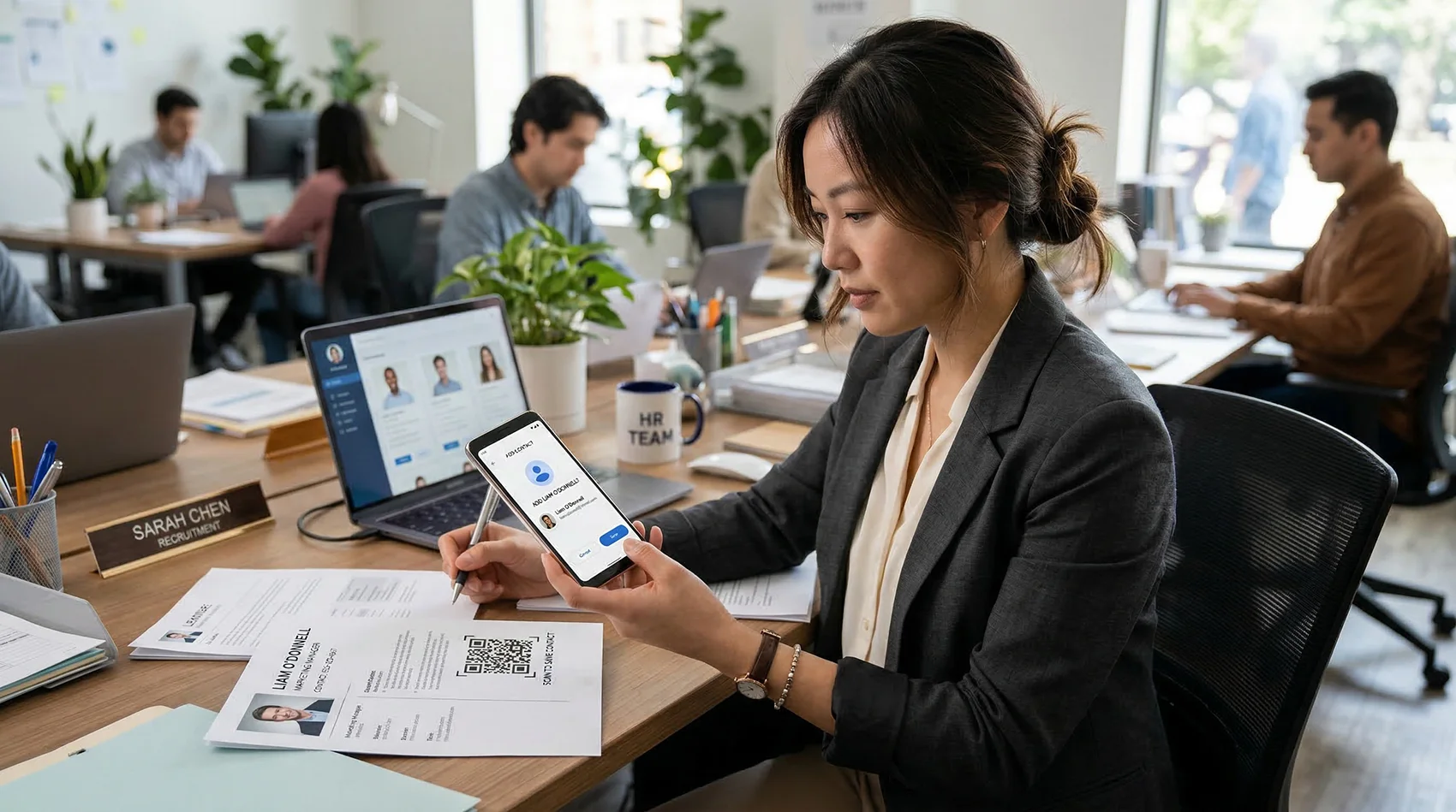 Hiring manager at an office desk scanning a QR code on a printed resume with her phone showing a contact card save prompt