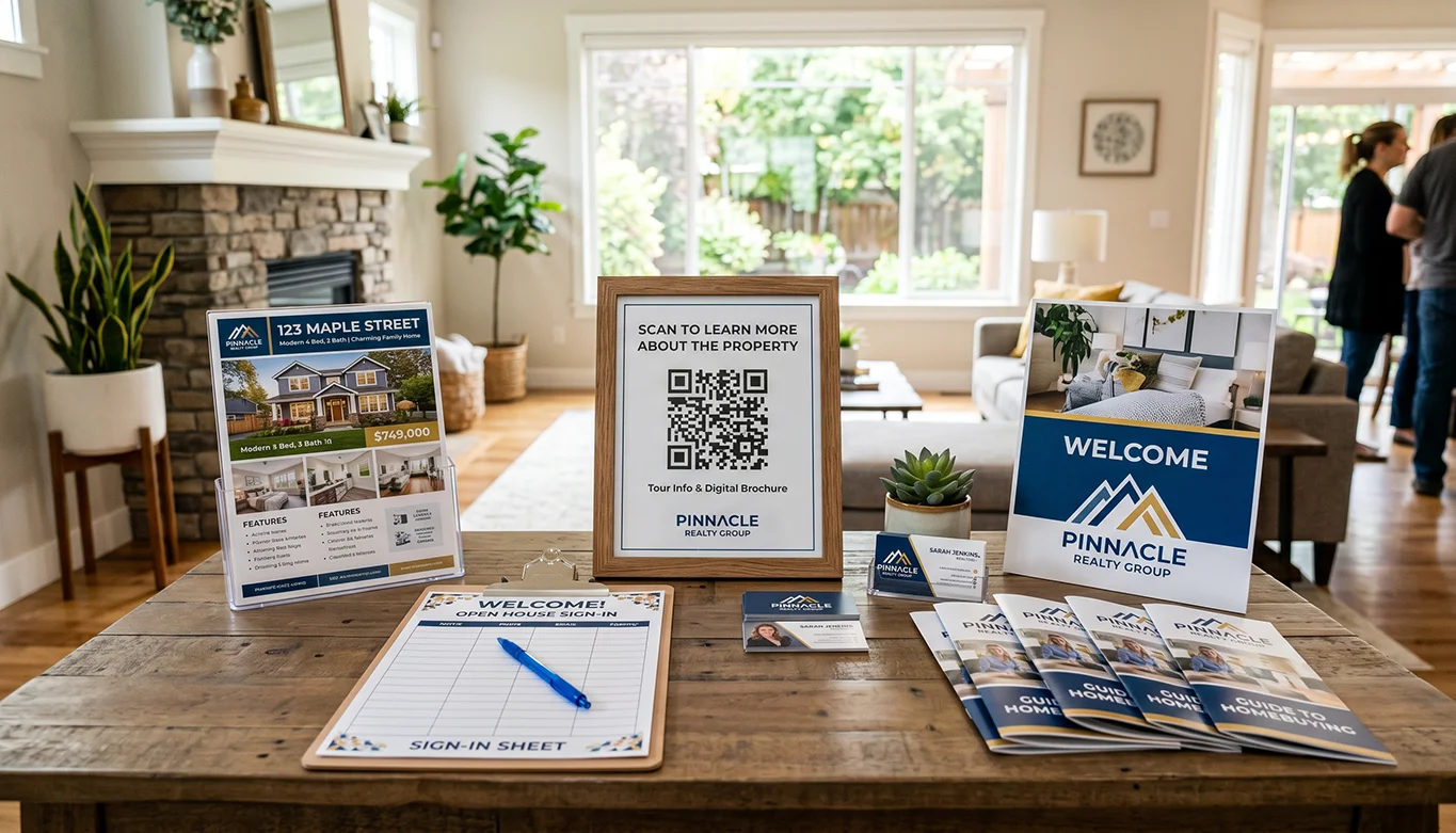 Open house table with printed flyers, sign-in sheet, brochures, and a framed QR code