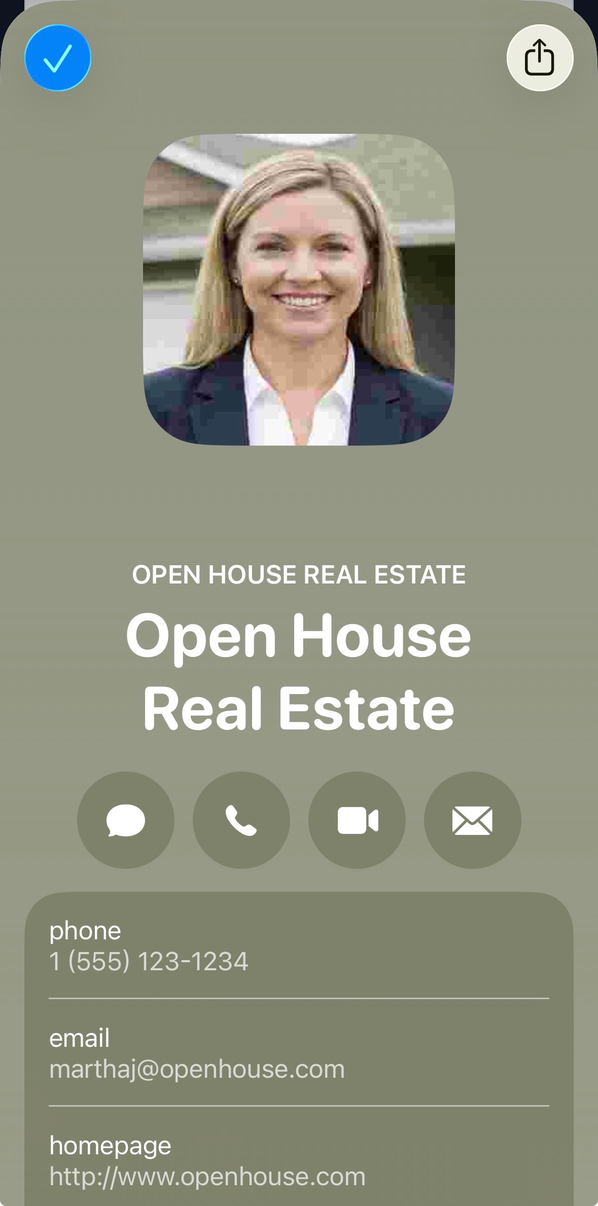 iPhone contacts screen showing saved vCard contact with photo, company name, phone, email, and website from QR Code Better vCard QR code