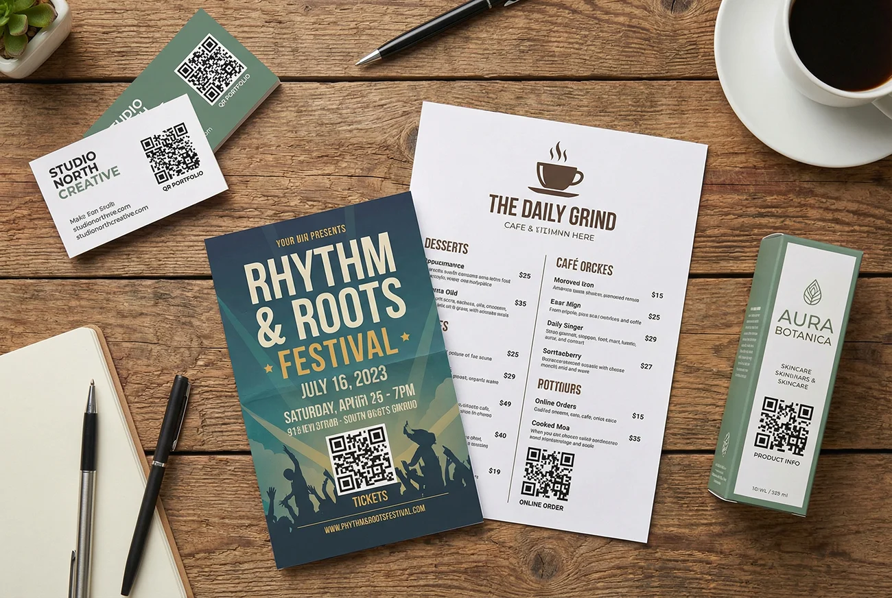 Overhead view of marketing materials on a desk including business cards, event flyers, restaurant menus, and product packaging all featuring QR codes