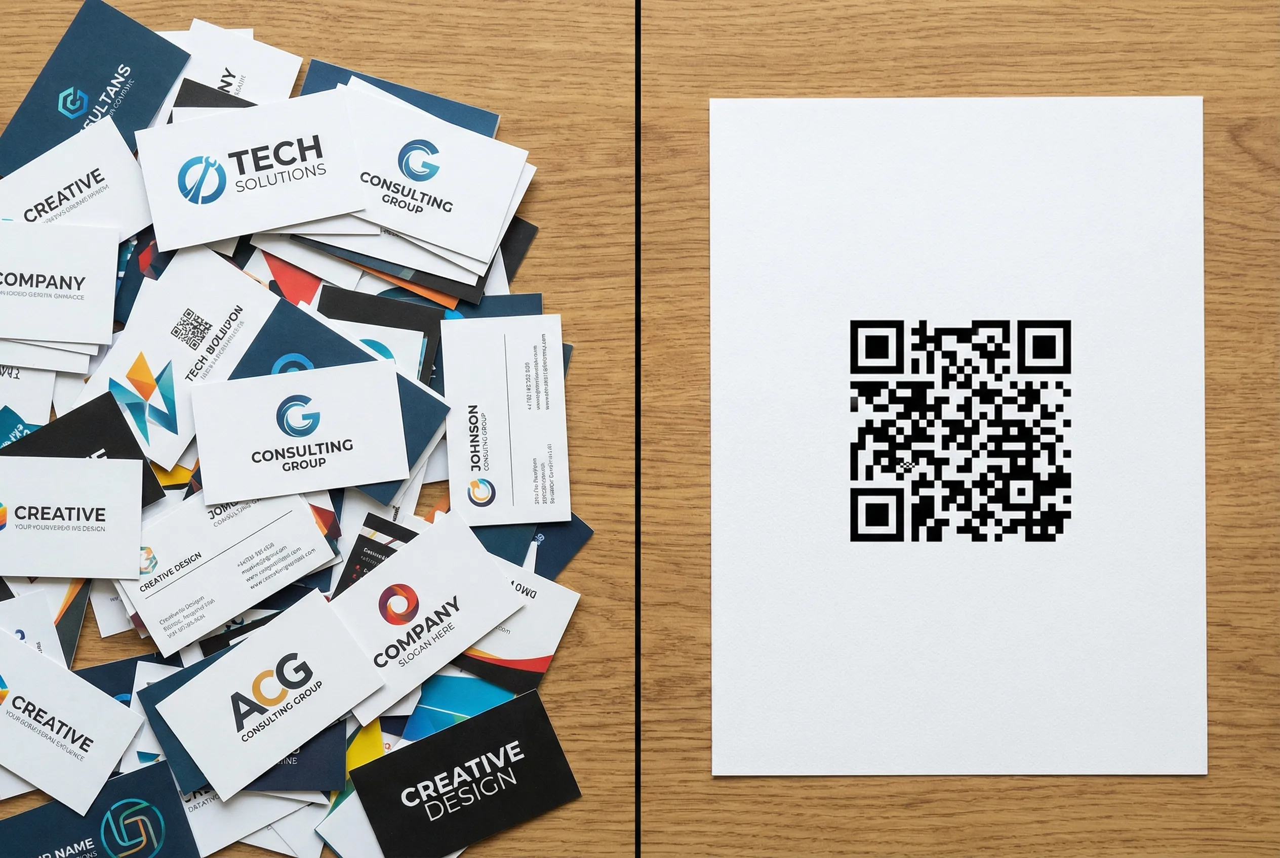 Pile of printed business cards compared to a single QR code