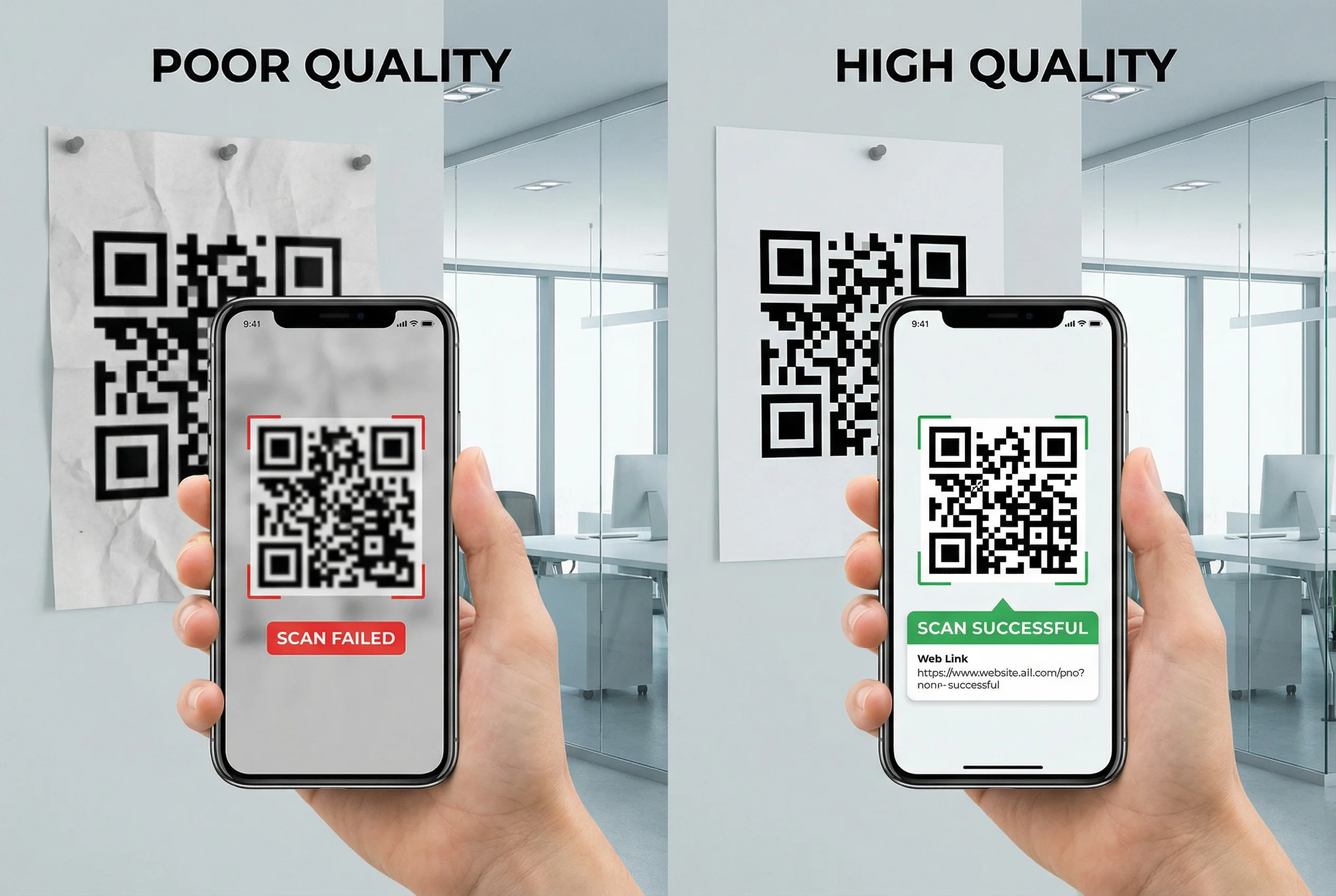 Poor versus good QR code comparison showing blurry low-contrast code versus sharp high-contrast code