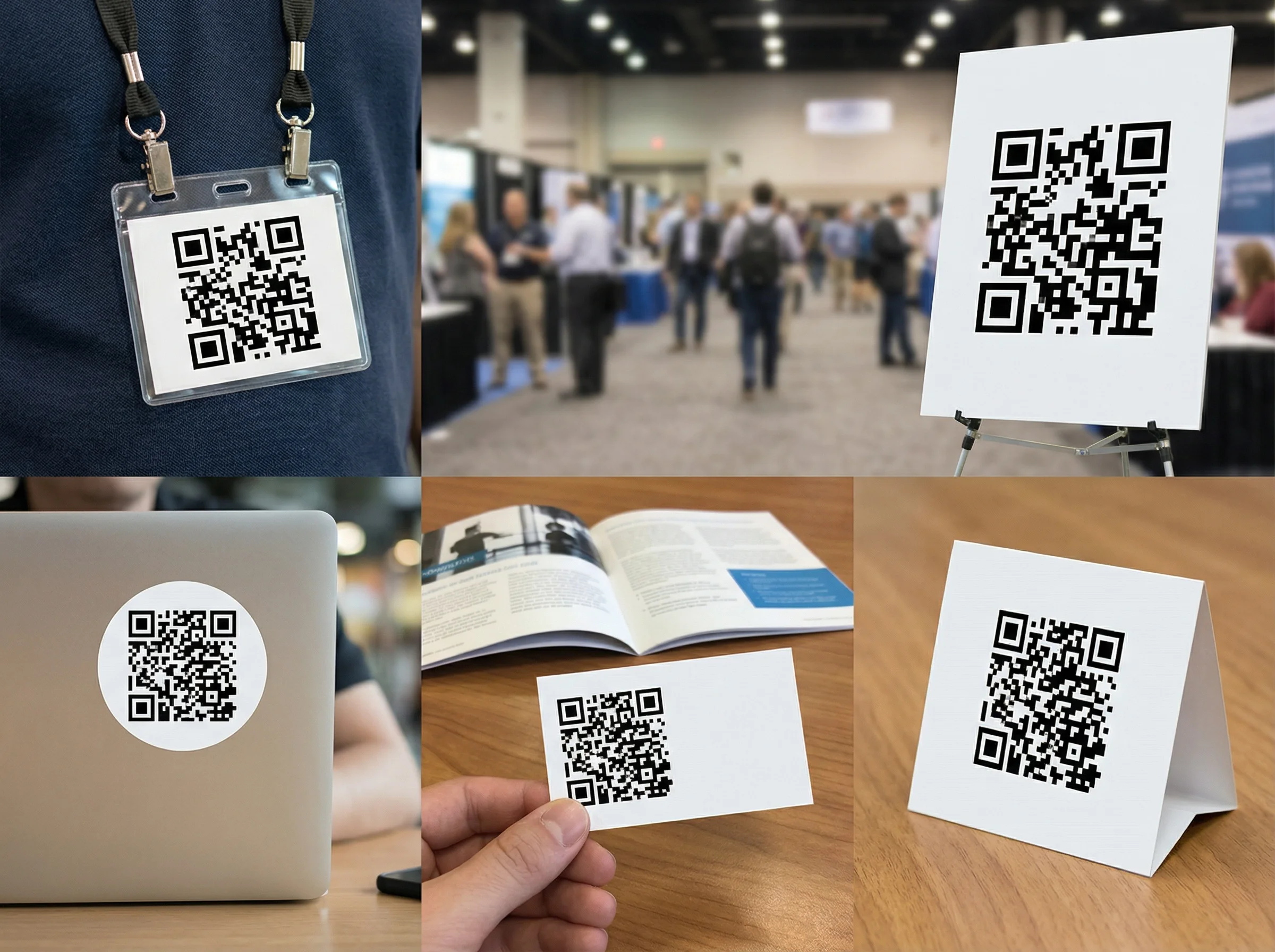 QR codes used on badges, signs, laptops, and printed materials
