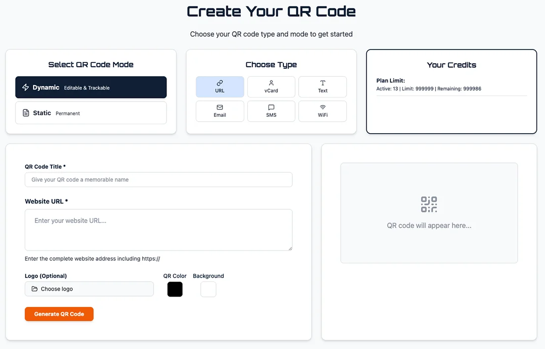 QR Code Better generator interface showing dynamic mode selection, QR code type options, title and URL fields, color customization, and live preview