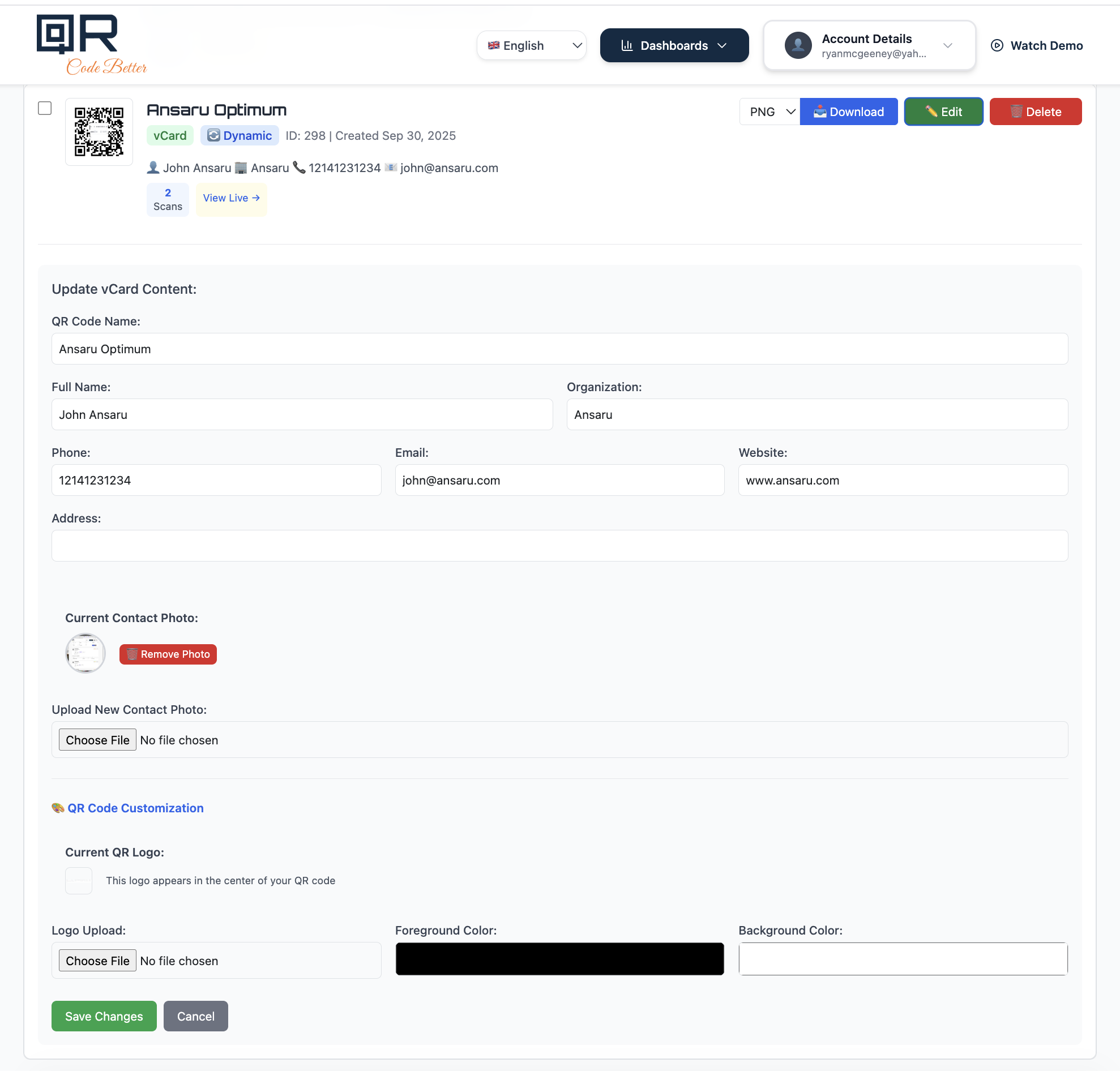 QR Code Better dashboard showing the edit interface for a dynamic vCard QR code with fields for name, phone, email, website, contact photo, and QR customization options