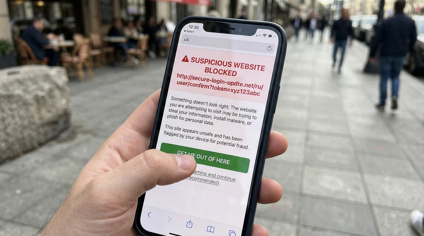 Phone screen showing a suspicious website blocked warning after scanning a QR code with a phishing URL flagged for potential fraud