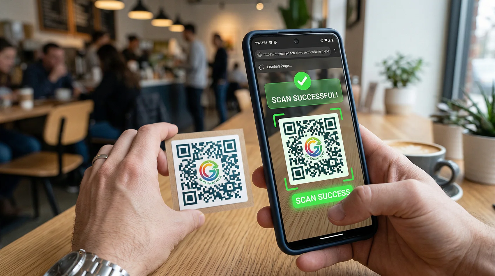 Phone scanning a QR code with logo showing scan successful — QR Code Better branded QR code scanned at a coffee shop