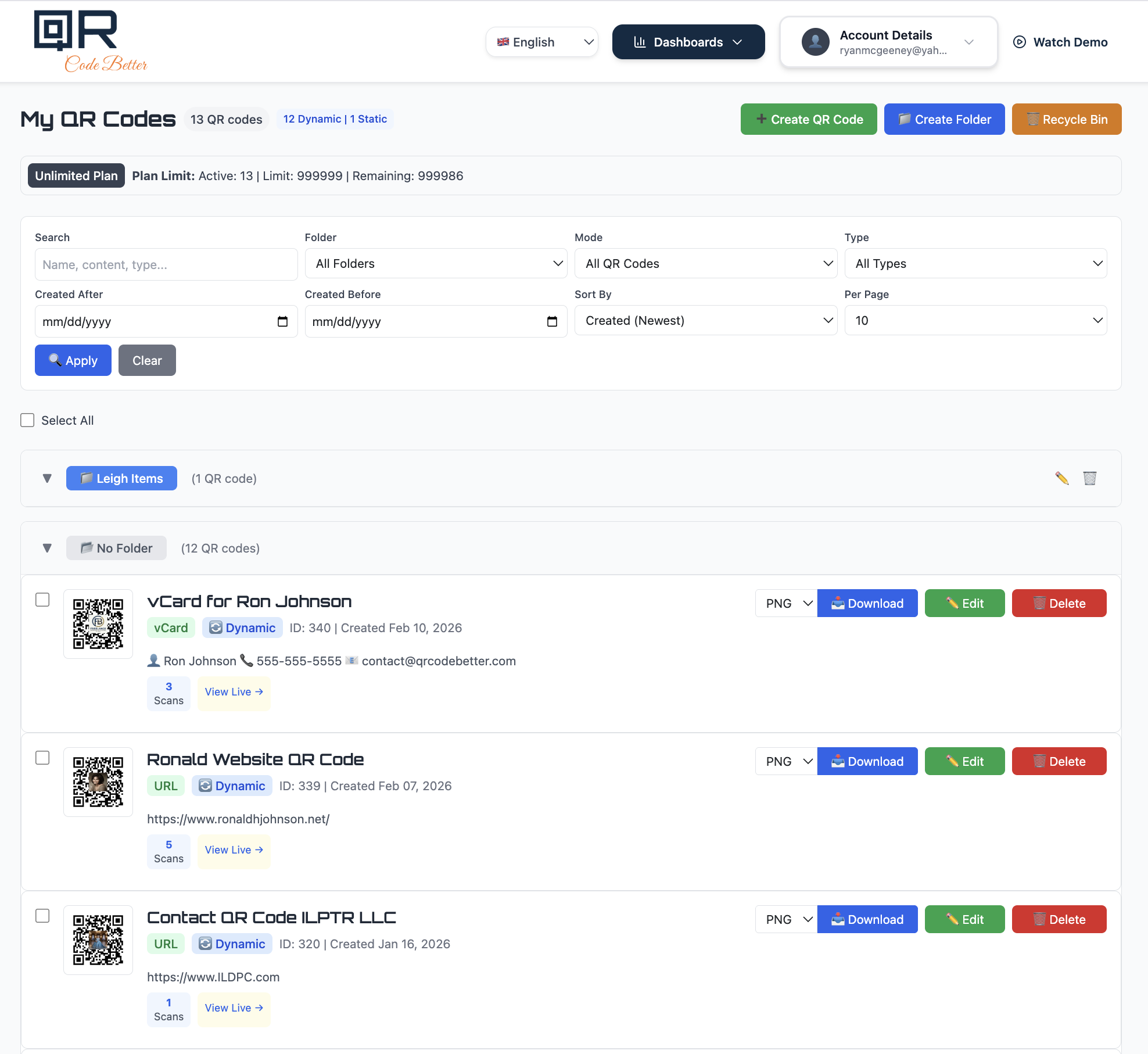 QR Code Better dashboard showing organized QR codes with folders, scan counts, and management controls