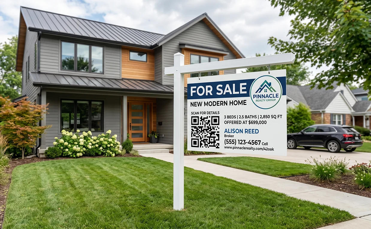For sale yard sign with QR code in front of a modern suburban home
