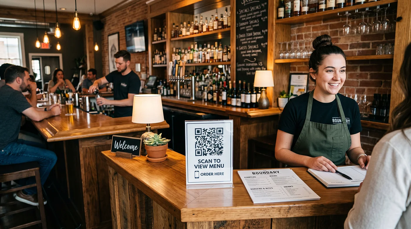 Restaurant host stand with QR code menu sign and server greeting a guest